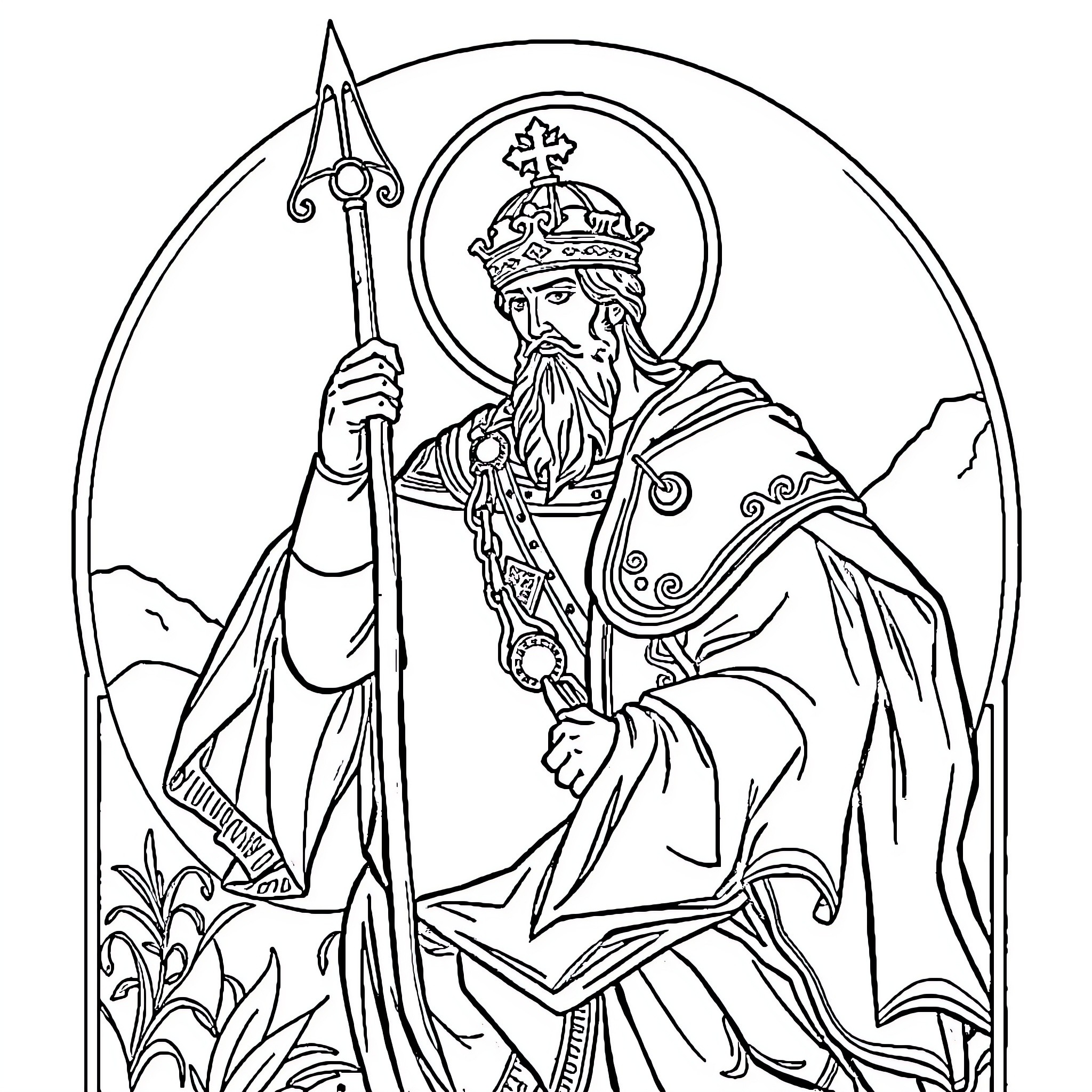 St George the Warrior King in Ceremonial Attire Coloring Page (free black-and-white line drawing printable PDF for all, from beginners to advanced learners, including children, teens, adults, and seniors)