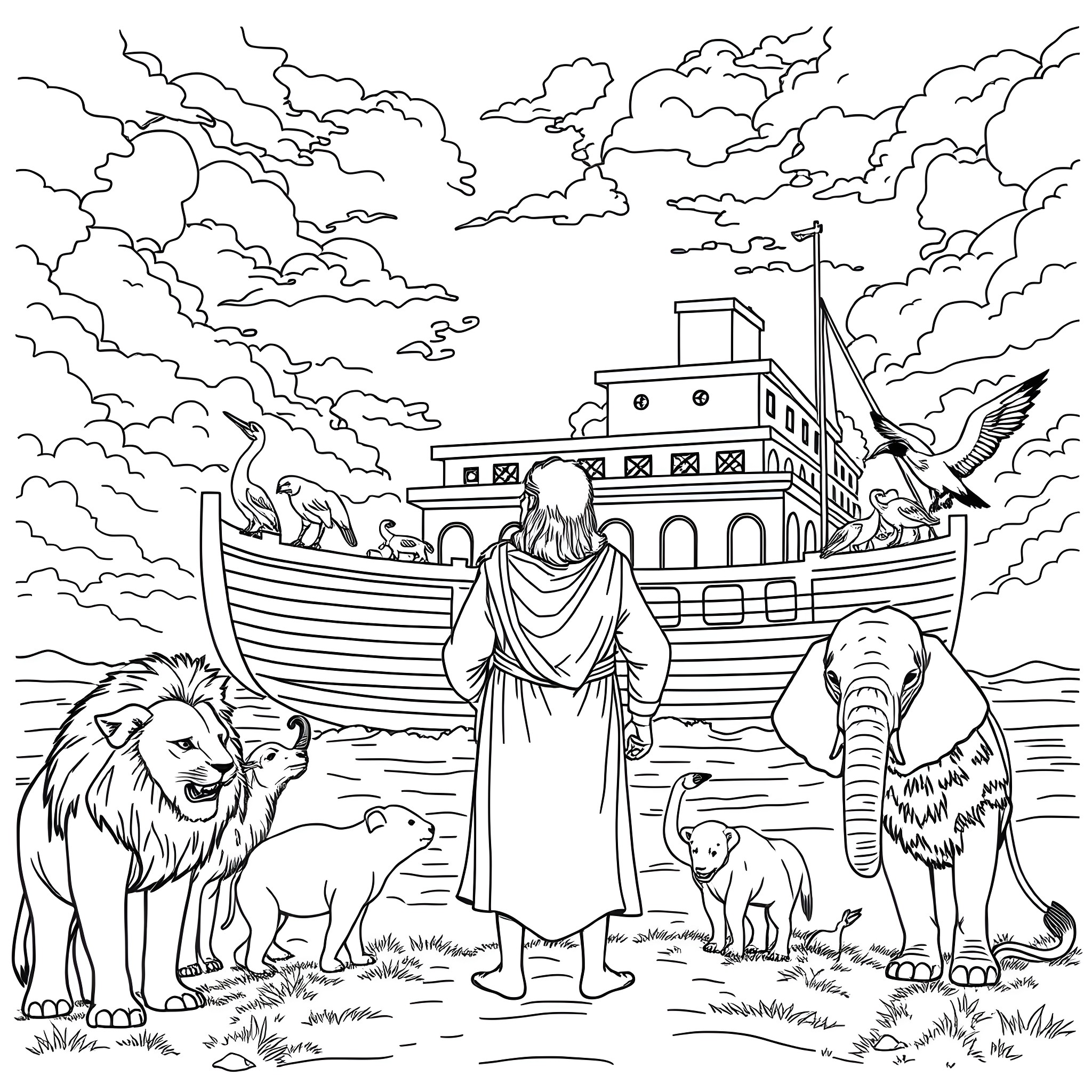 Noah and the Ark with Animals Gathered Coloring Page (free black-and-white line drawing printable PDF for all, from beginners to advanced learners, including children, teens, adults, and seniors)