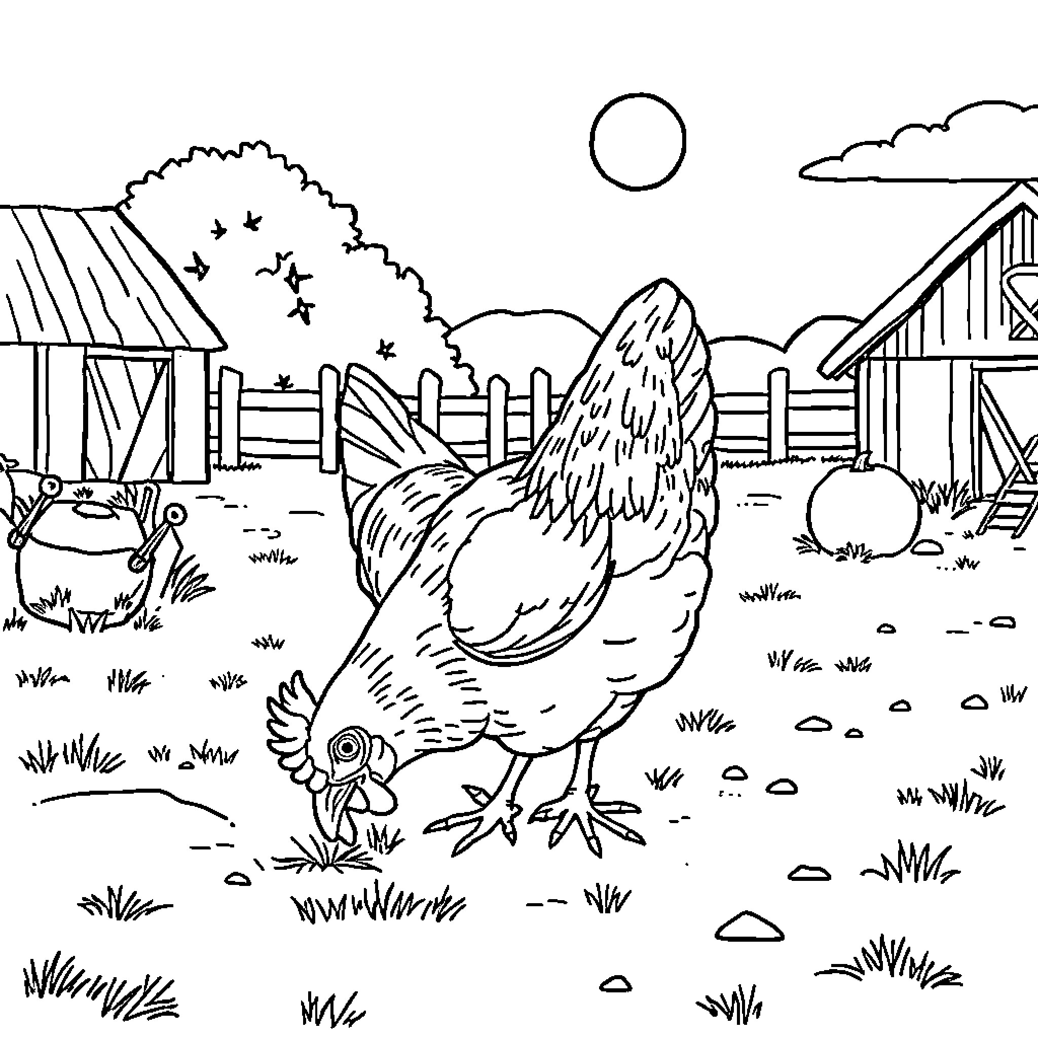 Hen strutting in a rustic farmyard scene Coloring Page (free black-and-white line drawing printable PDF for all, from beginners to advanced learners, including children, teens, adults, and seniors)
