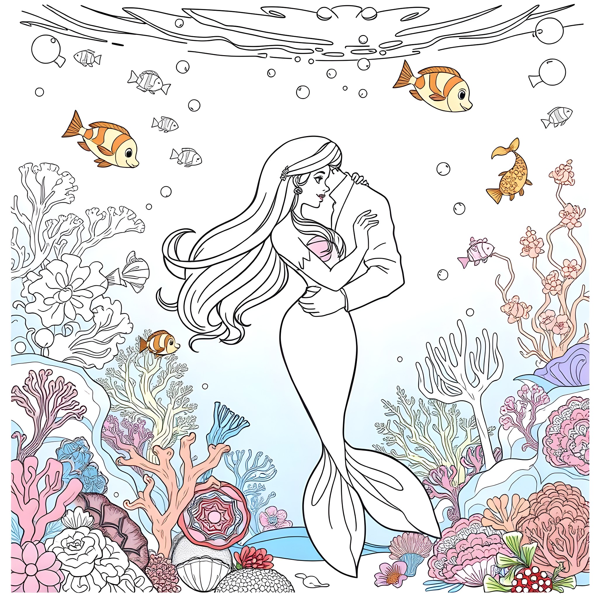 Ariel's Underwater Adventure with Sea Creatures Coloring Page (free black-and-white line drawing printable PDF for all, from beginners to advanced learners, including children, teens, adults, and seniors)
