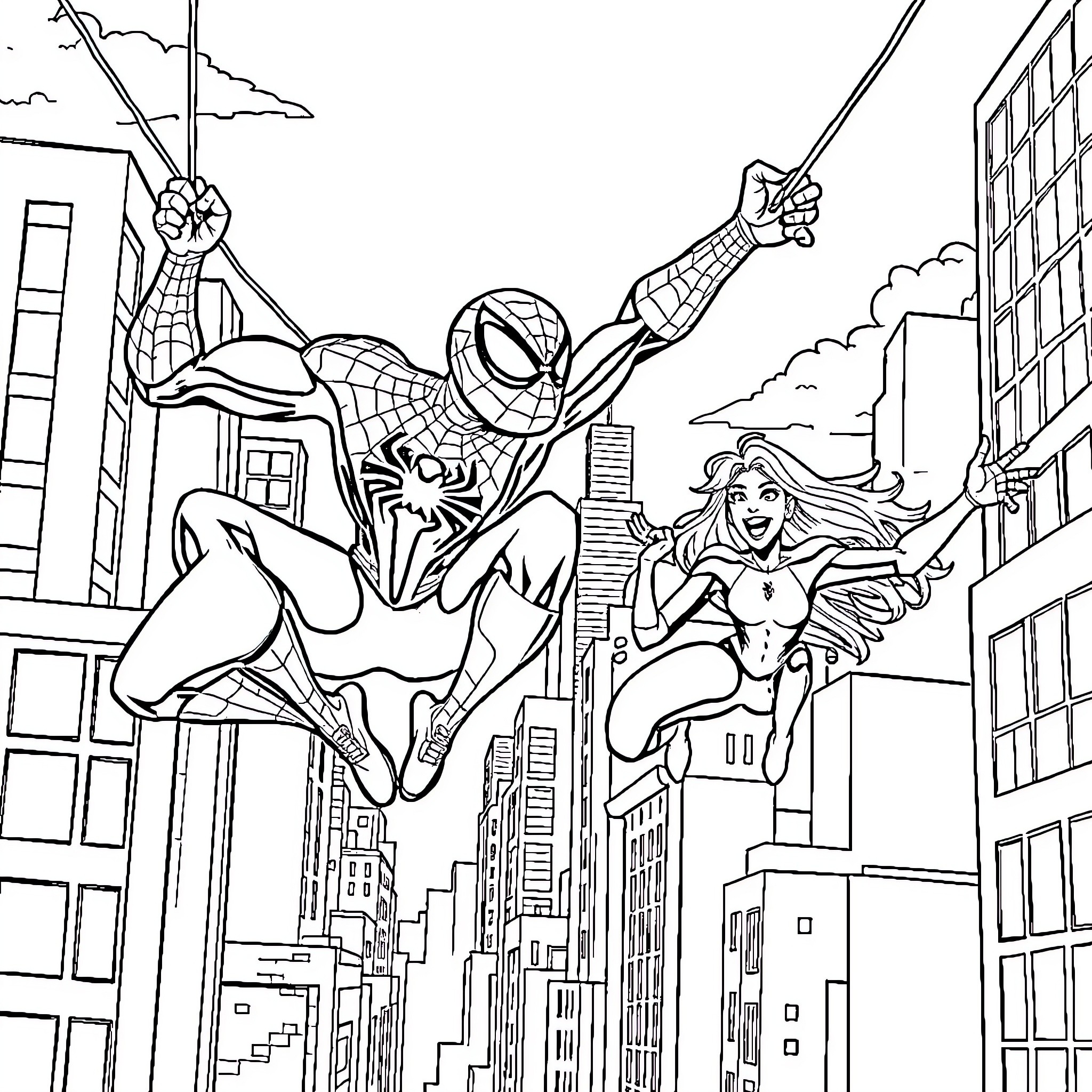 Spidey and Heroine Swinging Through the City Coloring Page (free black-and-white line drawing printable PDF for all, from beginners to advanced learners, including children, teens, adults, and seniors)