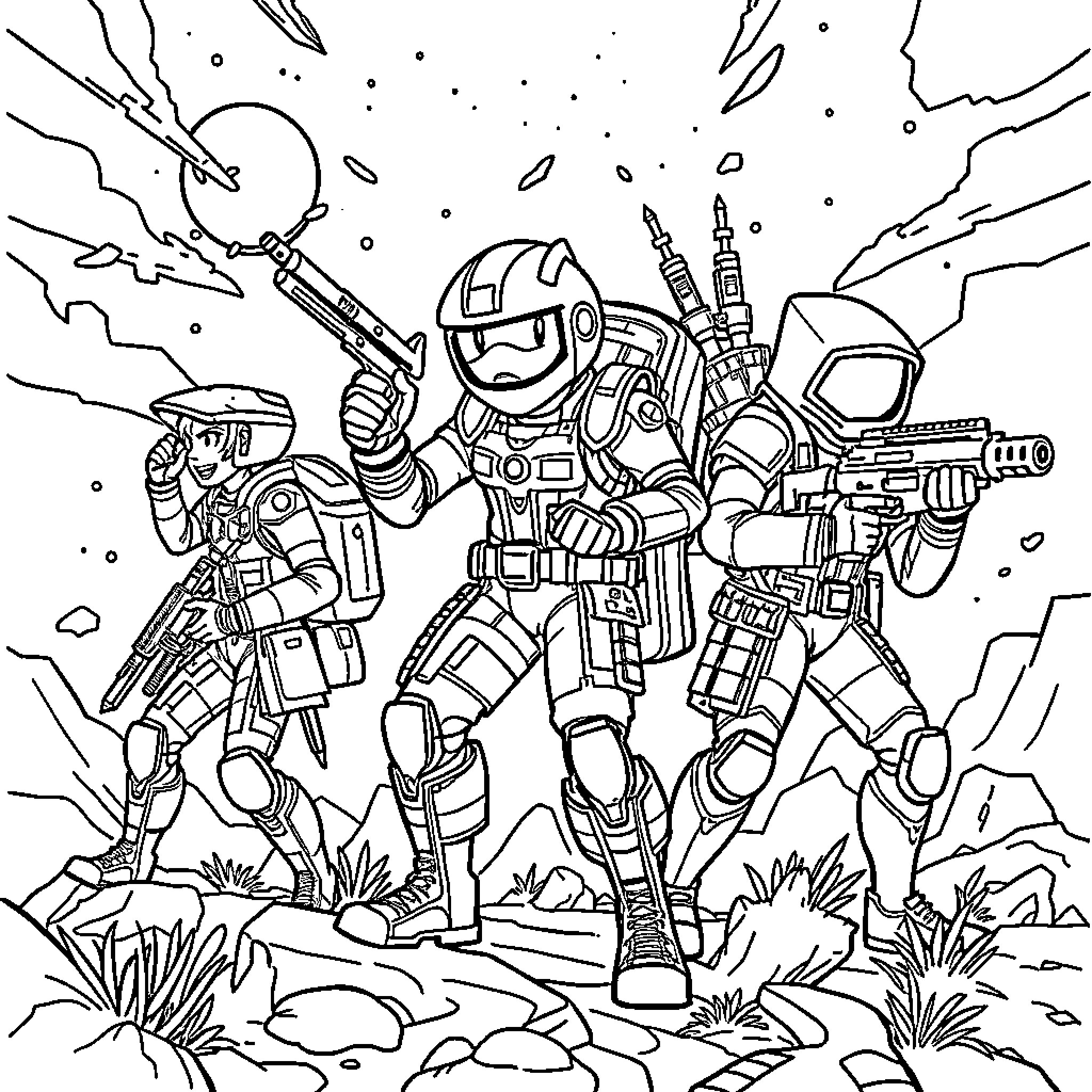 Huntrix Squad in Action on Alien Terrain Coloring Page (free black-and-white line drawing printable PDF for all, from beginners to advanced learners, including children, teens, adults, and seniors)