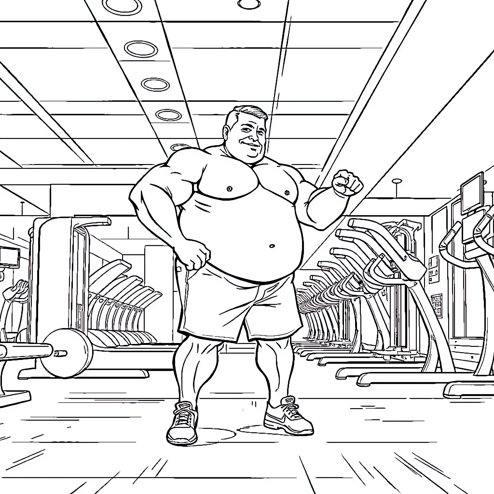 Hombre trabajando arduamente en el gimnasio Coloring Page (free black-and-white line drawing printable PDF for all, from beginners to advanced learners, including children, teens, adults, and seniors)