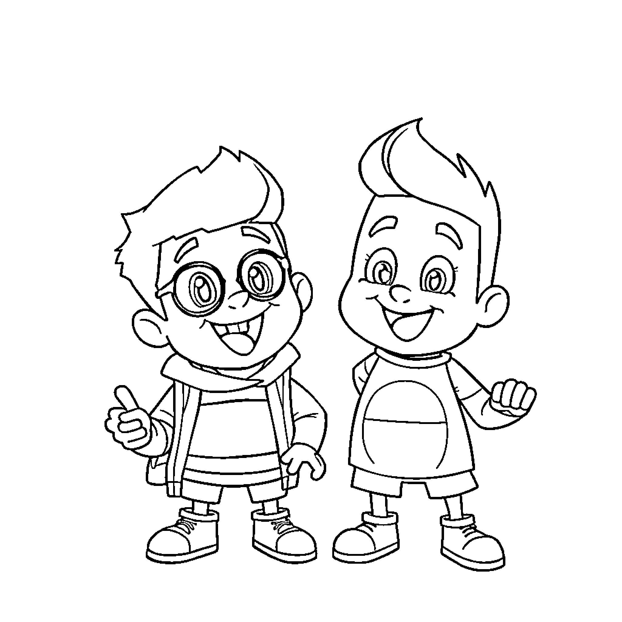 Milo and Chip Happily Posing Together Coloring Page (free black-and-white line drawing printable PDF for all, from beginners to advanced learners, including children, teens, adults, and seniors)