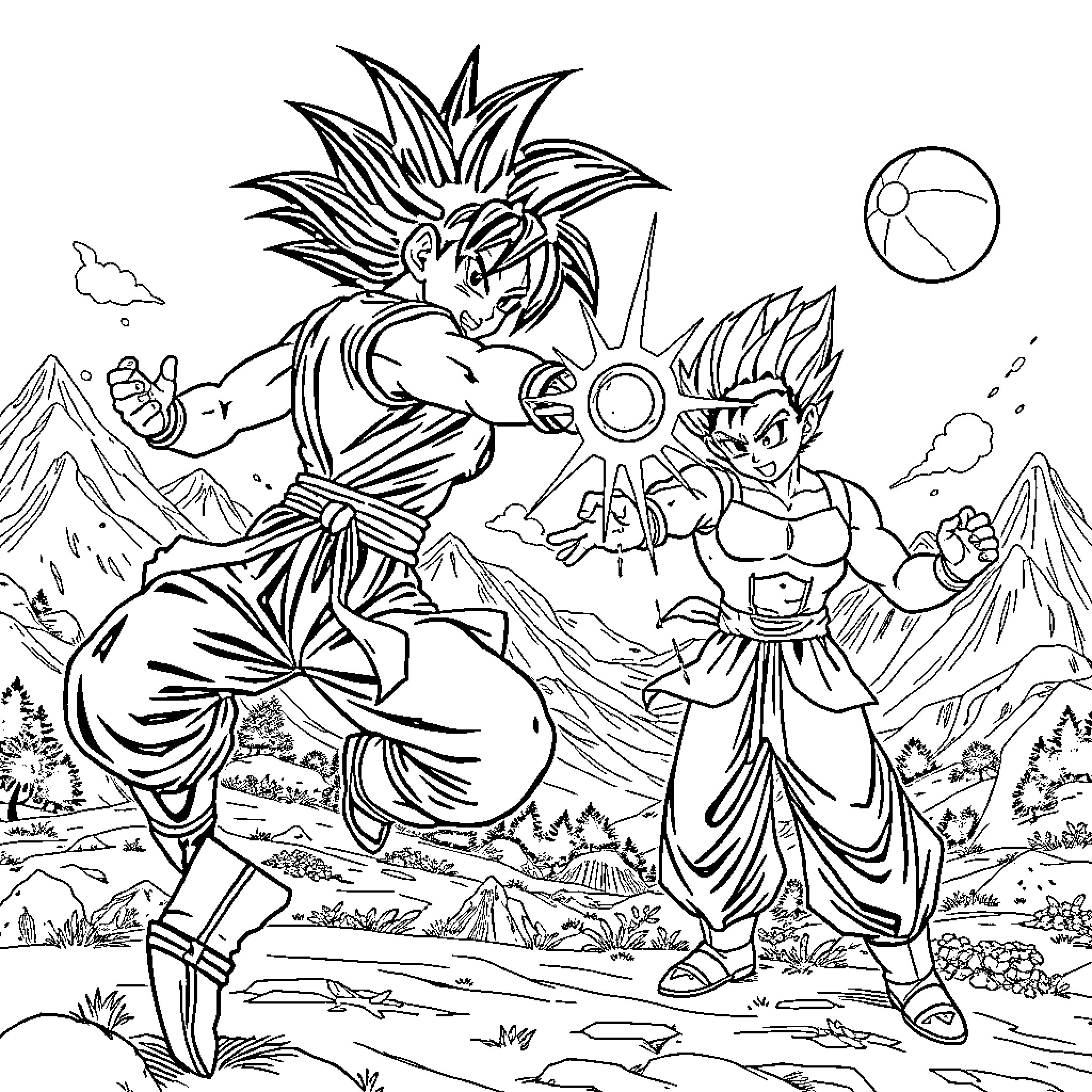 Guerrera: Fierce Warrior Clash in Fantastical Landscape Coloring Page (free black-and-white line drawing printable PDF for all, from beginners to advanced learners, including children, teens, adults, and seniors)