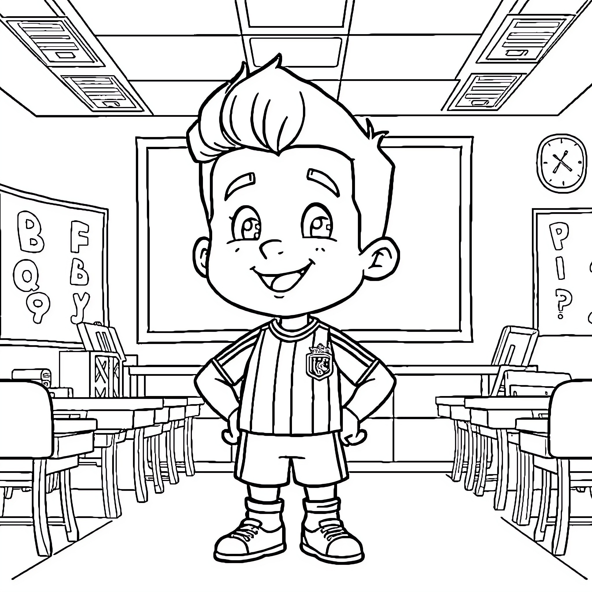 Ronaldo's Classroom Adventure Coloring Page (free black-and-white line drawing printable PDF for all, from beginners to advanced learners, including children, teens, adults, and seniors)