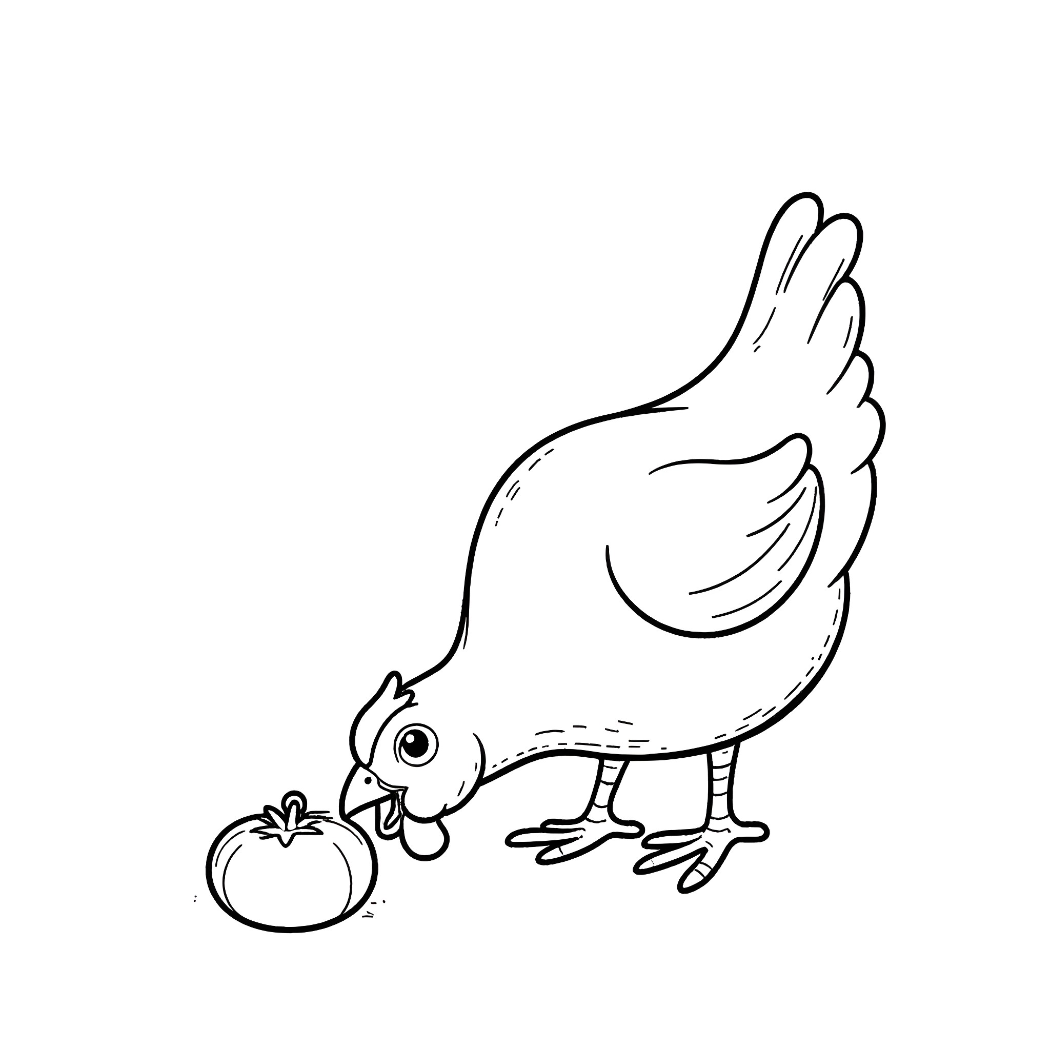 Chicken discovering a tomato Coloring Page (free black-and-white line drawing printable PDF for all, from beginners to advanced learners, including children, teens, adults, and seniors)