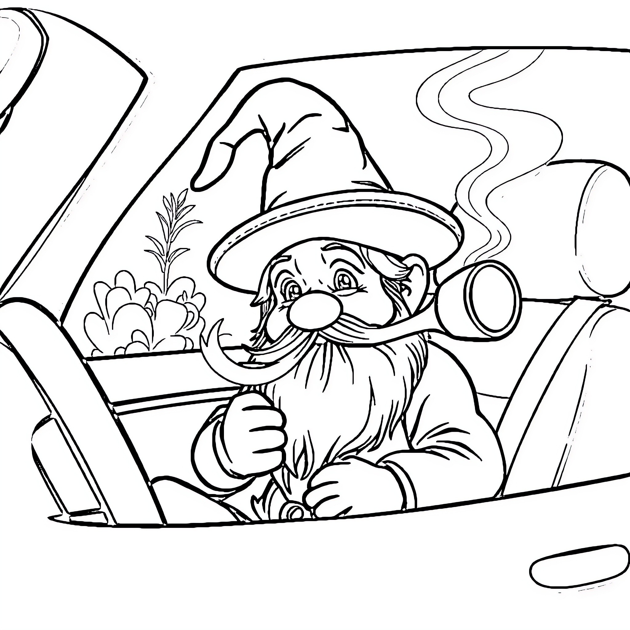 Gnome driving a vehicle through a fantasy landscape Coloring Page (free black-and-white line drawing printable PDF for all, from beginners to advanced learners, including children, teens, adults, and seniors)