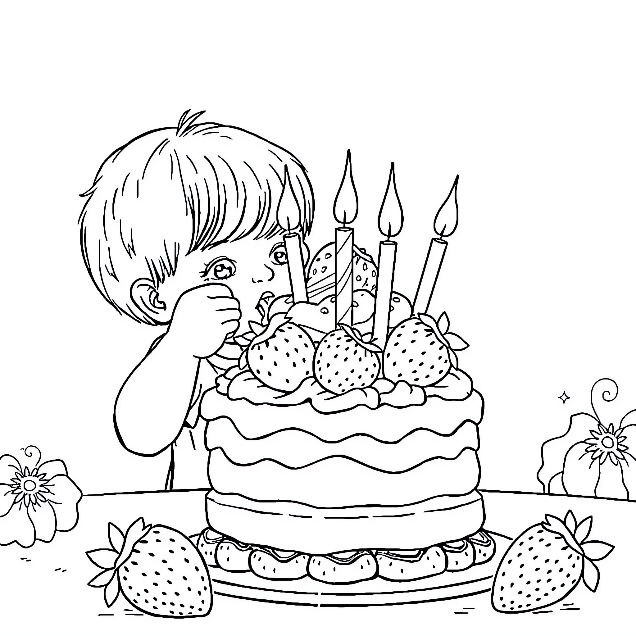 Strawberry Shortcake celebrating with a birthday cake Coloring Page (free black-and-white line drawing printable PDF for all, from beginners to advanced learners, including children, teens, adults, and seniors)
