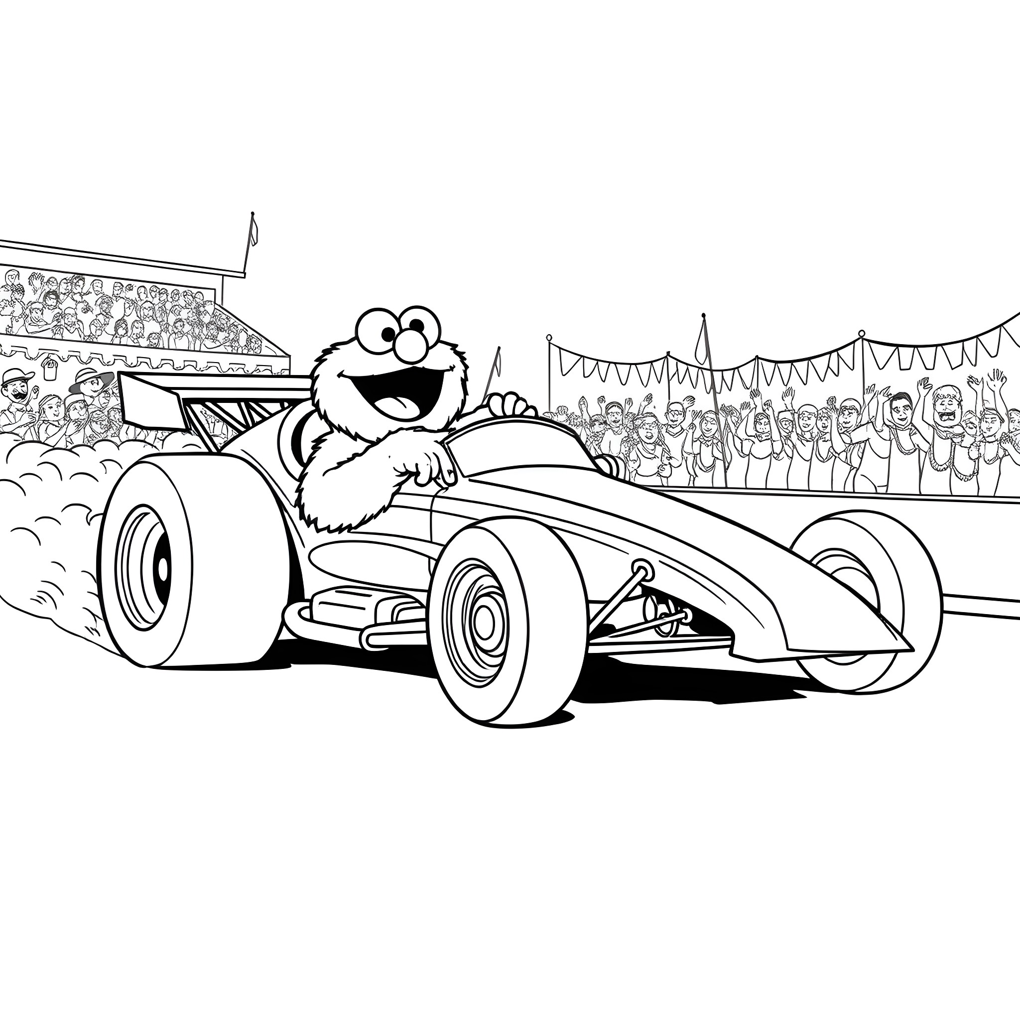 Cookie Monster racing in a Formula One car Coloring Page (free black-and-white line drawing printable PDF for all, from beginners to advanced learners, including children, teens, adults, and seniors)