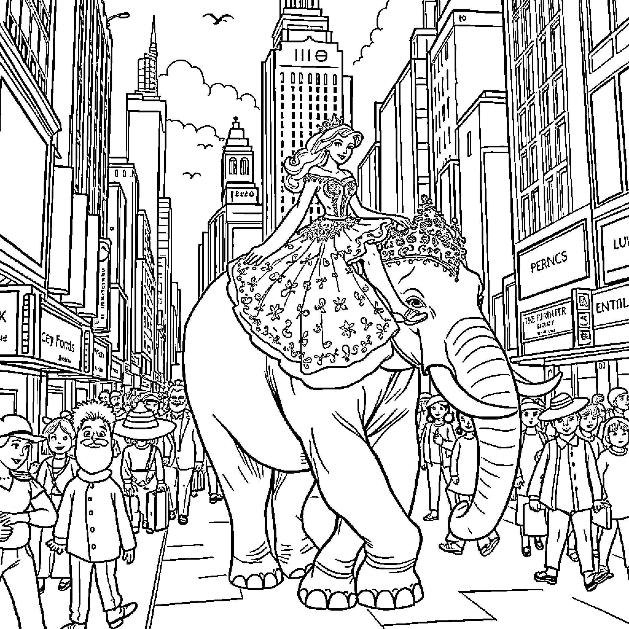 Princess in a Magnificent Parade through the City Coloring Page (free black-and-white line drawing printable PDF for all, from beginners to advanced learners, including children, teens, adults, and seniors)