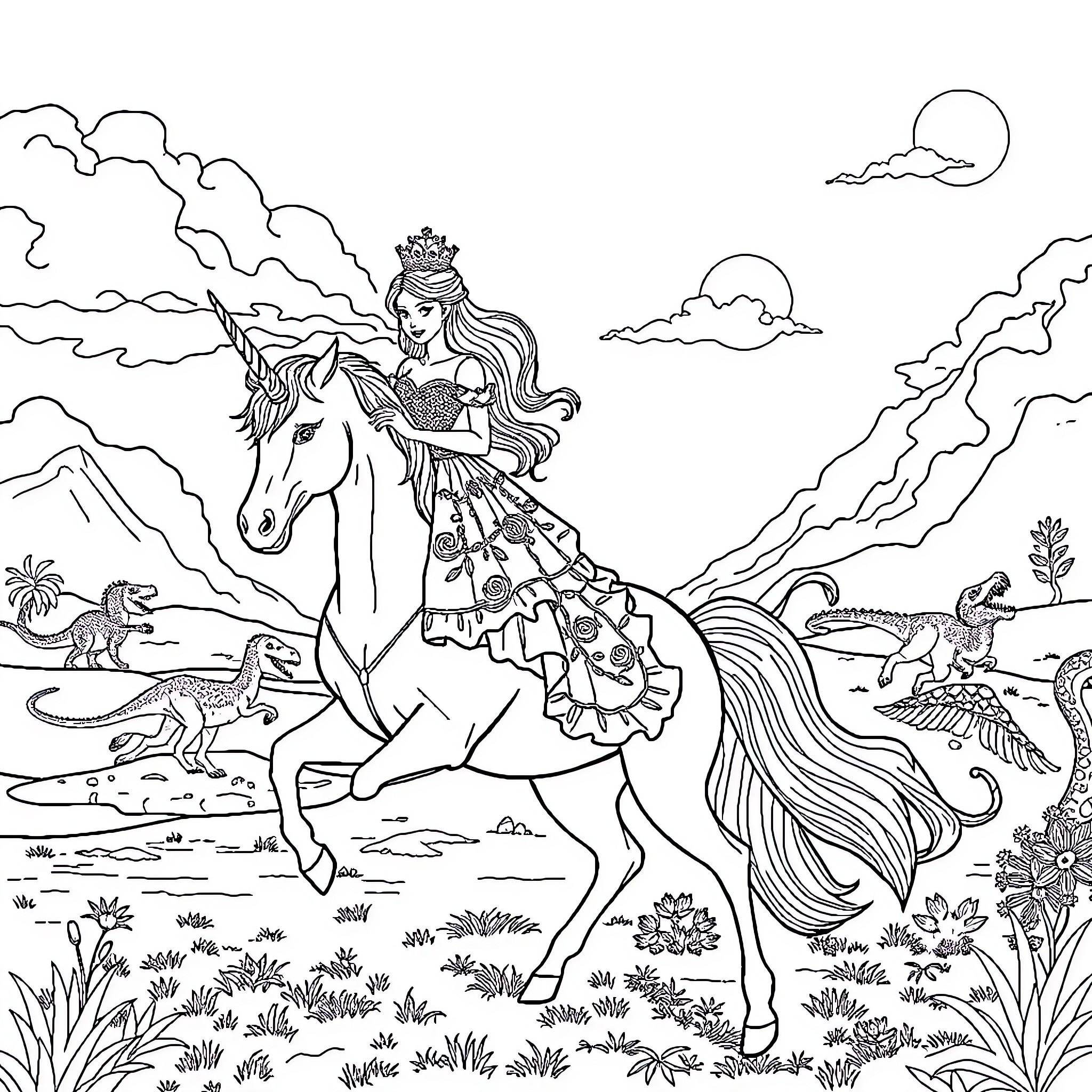 Princess Riding a Majestic Unicorn through Enchanted Landscapes Coloring Page (free black-and-white line drawing printable PDF for all, from beginners to advanced learners, including children, teens, adults, and seniors)