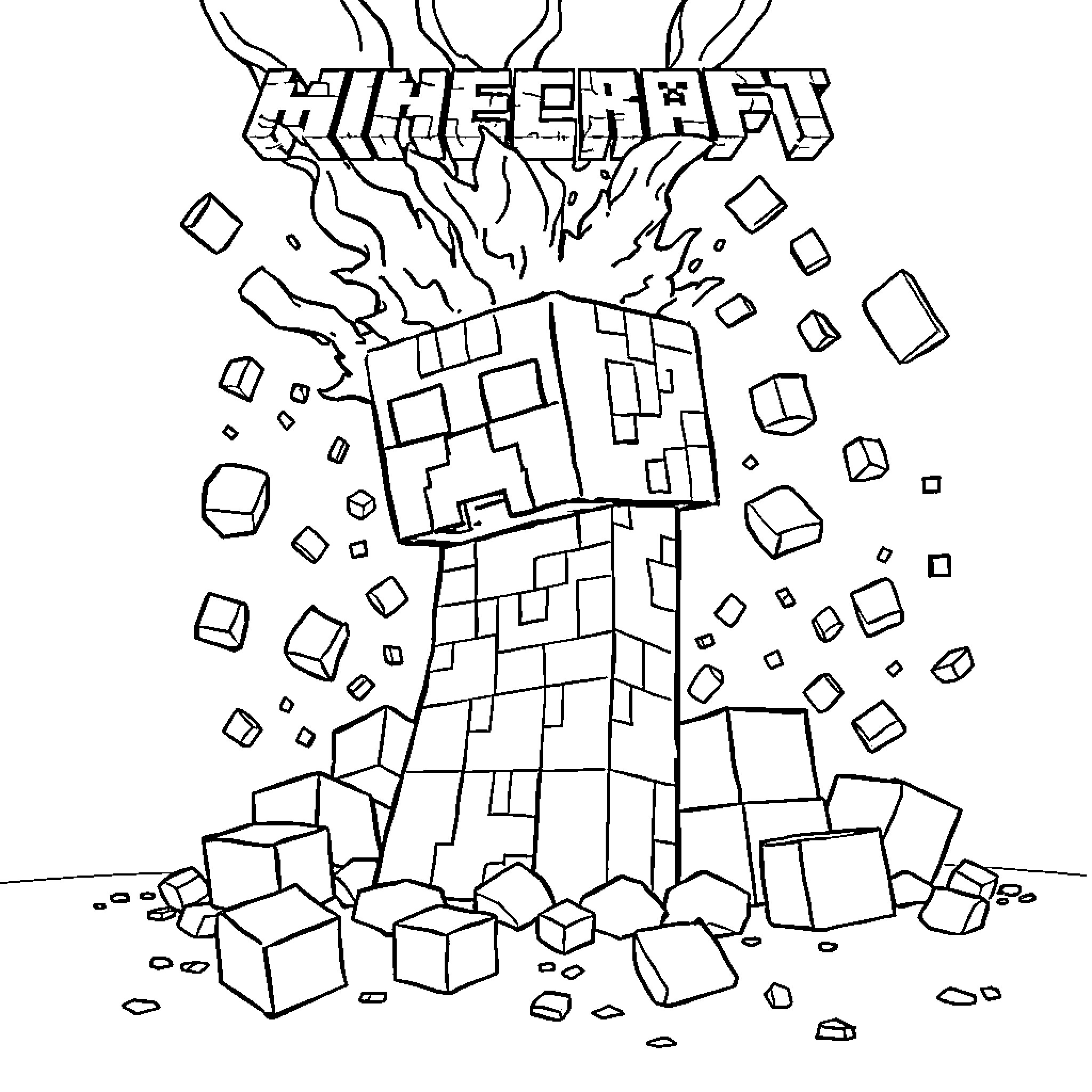Creeper exploding amidst a chaos of cubes Coloring Page (free black-and-white line drawing printable PDF for all, from beginners to advanced learners, including children, teens, adults, and seniors)