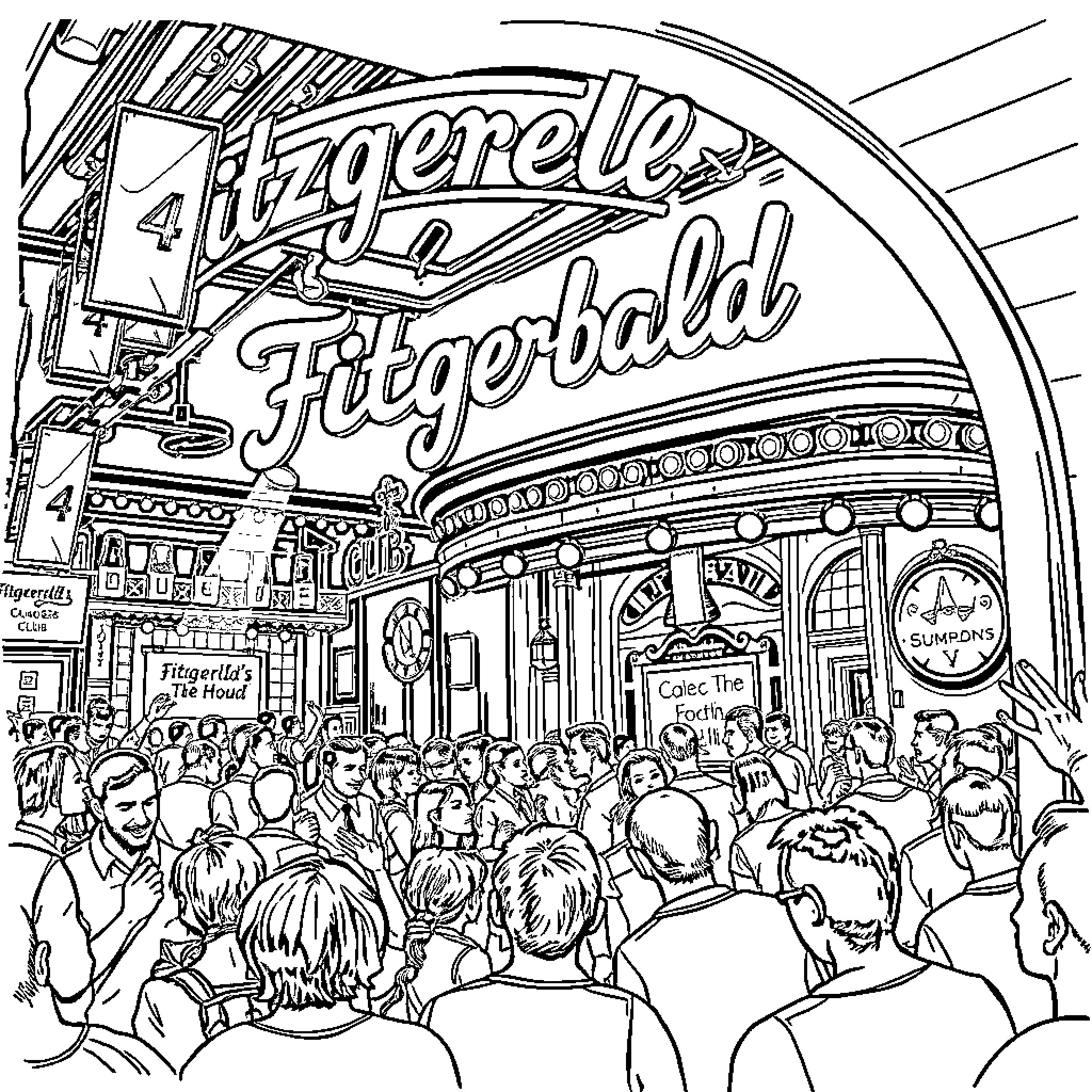 Fitzgeralds' Bustling Fitzgerold Theater Entrance Coloring Page (free black-and-white line drawing printable PDF for all, from beginners to advanced learners, including children, teens, adults, and seniors)