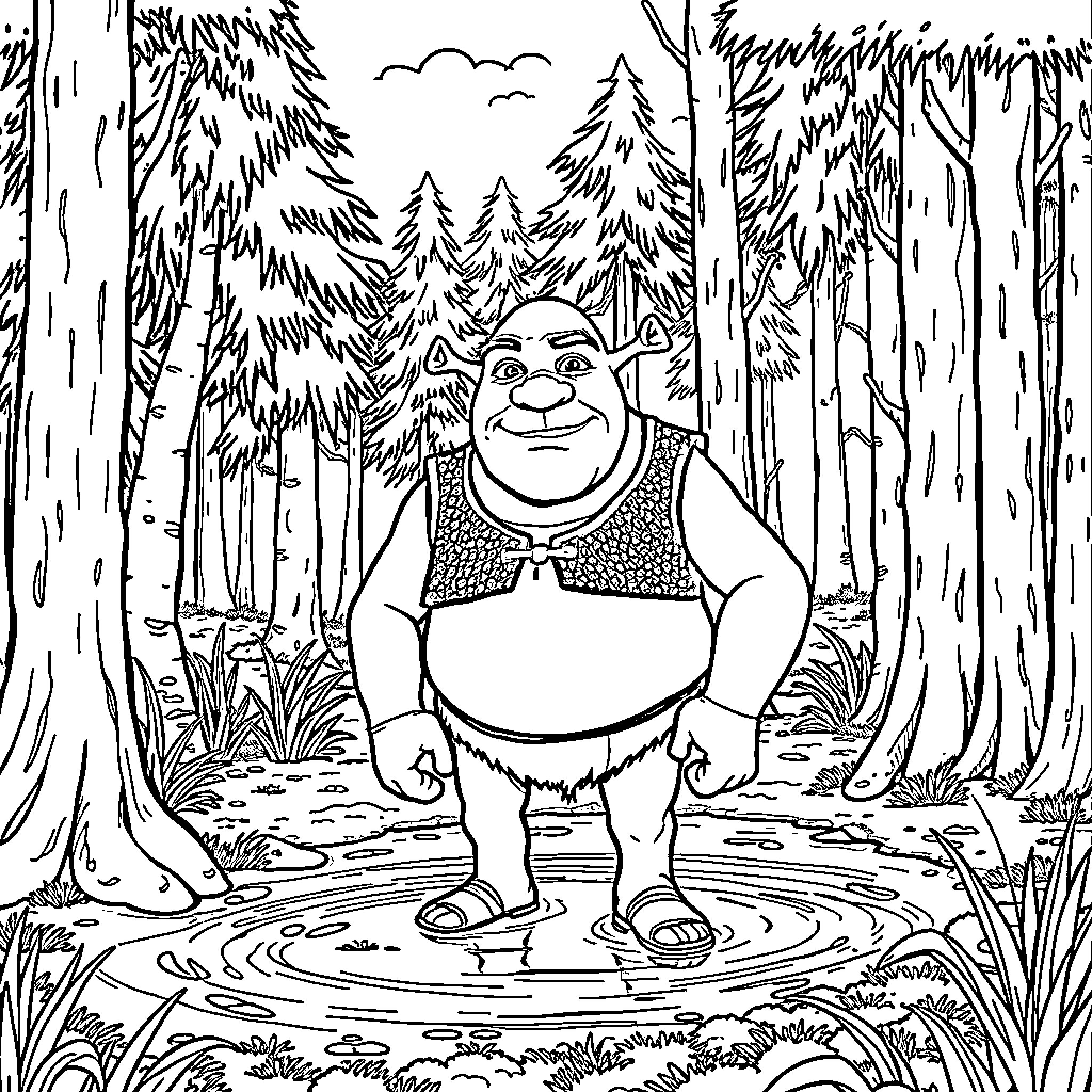 Shrek in the Enchanted Forest Coloring Page (free black-and-white line drawing printable PDF for all, from beginners to advanced learners, including children, teens, adults, and seniors)