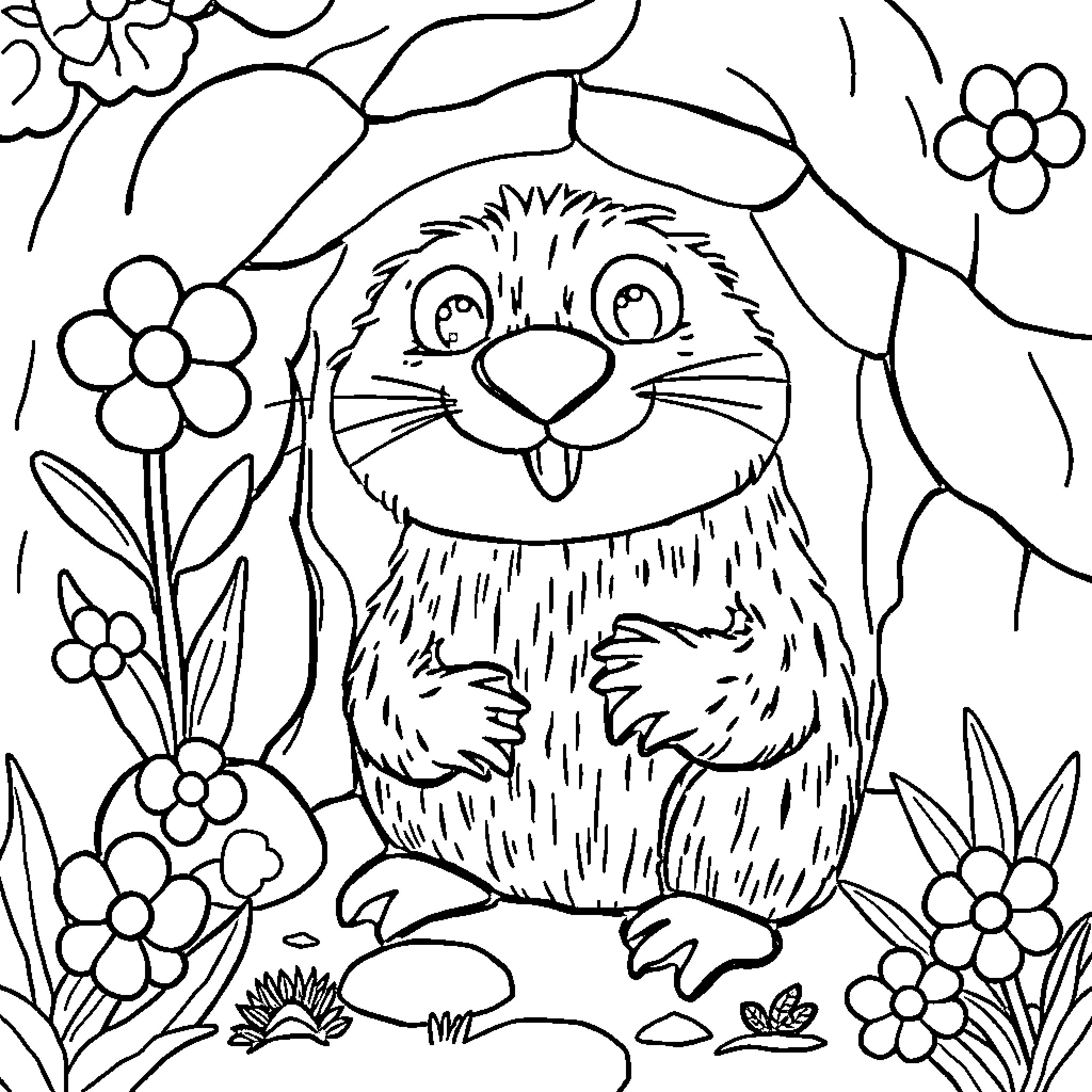 Mole enjoying flowers in the garden Coloring Page (free black-and-white line drawing printable PDF for all, from beginners to advanced learners, including children, teens, adults, and seniors)
