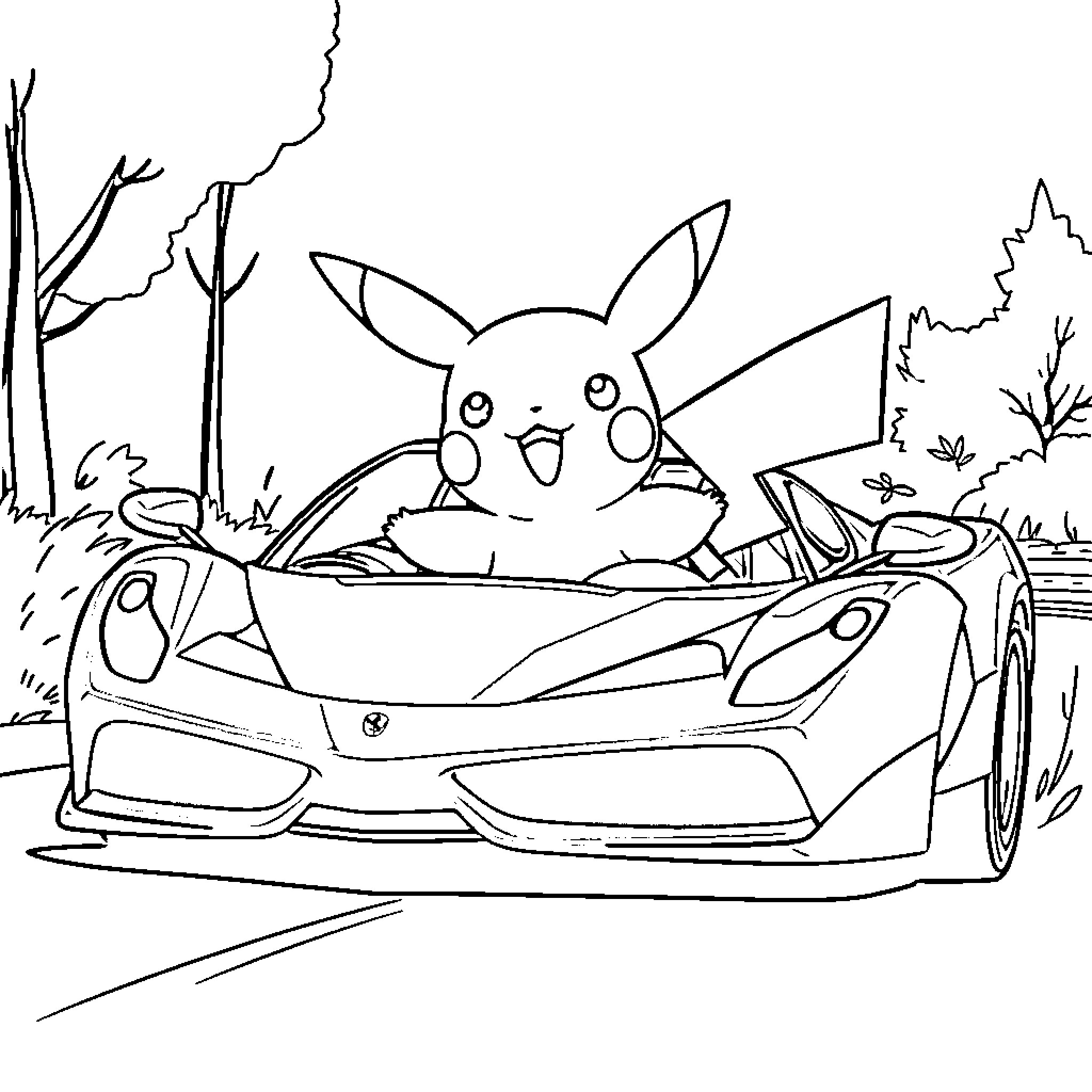 Pikachu riding in a sports car Coloring Page (free black-and-white line drawing printable PDF for all, from beginners to advanced learners, including children, teens, adults, and seniors)