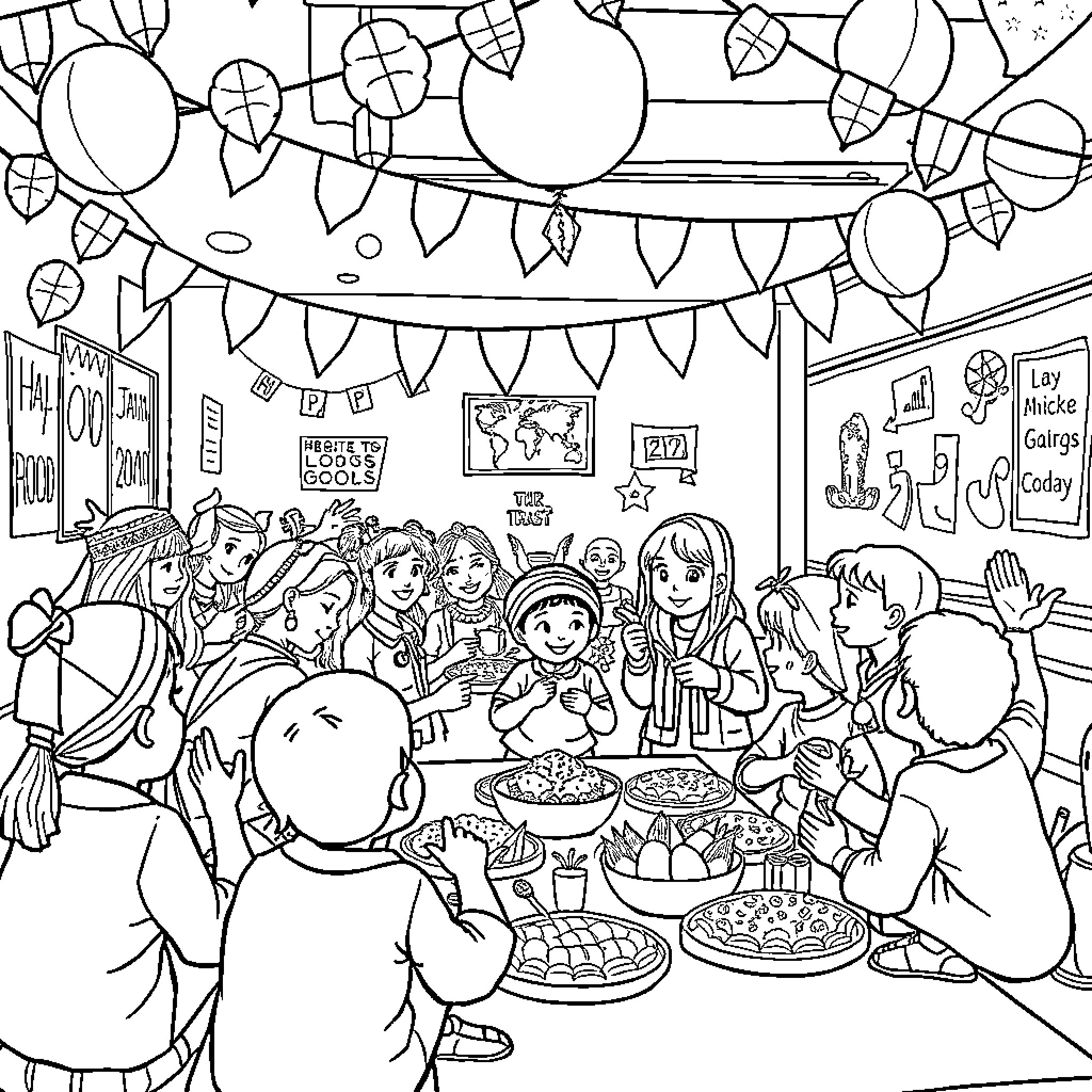 Students enjoying a festive party in the classroom Coloring Page (free black-and-white line drawing printable PDF for all, from beginners to advanced learners, including children, teens, adults, and seniors)