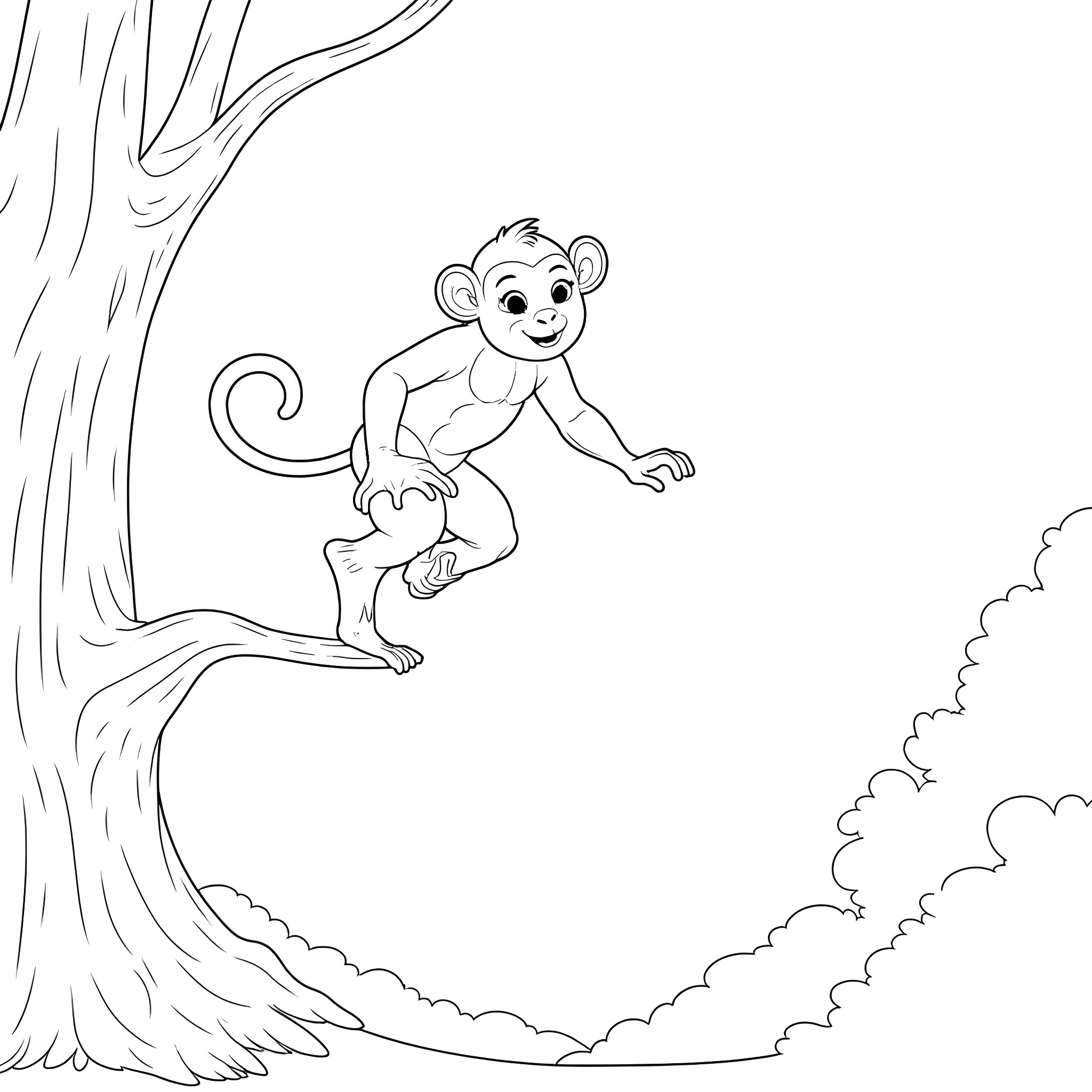 Monkey playing on a tree branch Coloring Page (free black-and-white line drawing printable PDF for all, from beginners to advanced learners, including children, teens, adults, and seniors)