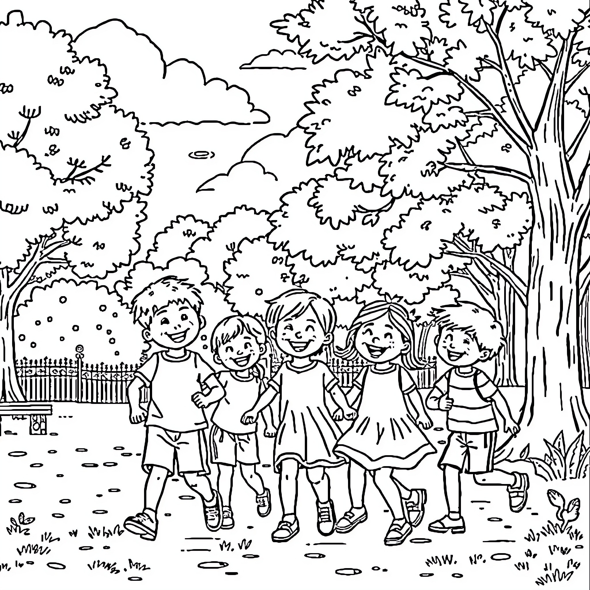 Children playing happily in the park Coloring Page (free black-and-white line drawing printable PDF for all, from beginners to advanced learners, including children, teens, adults, and seniors)