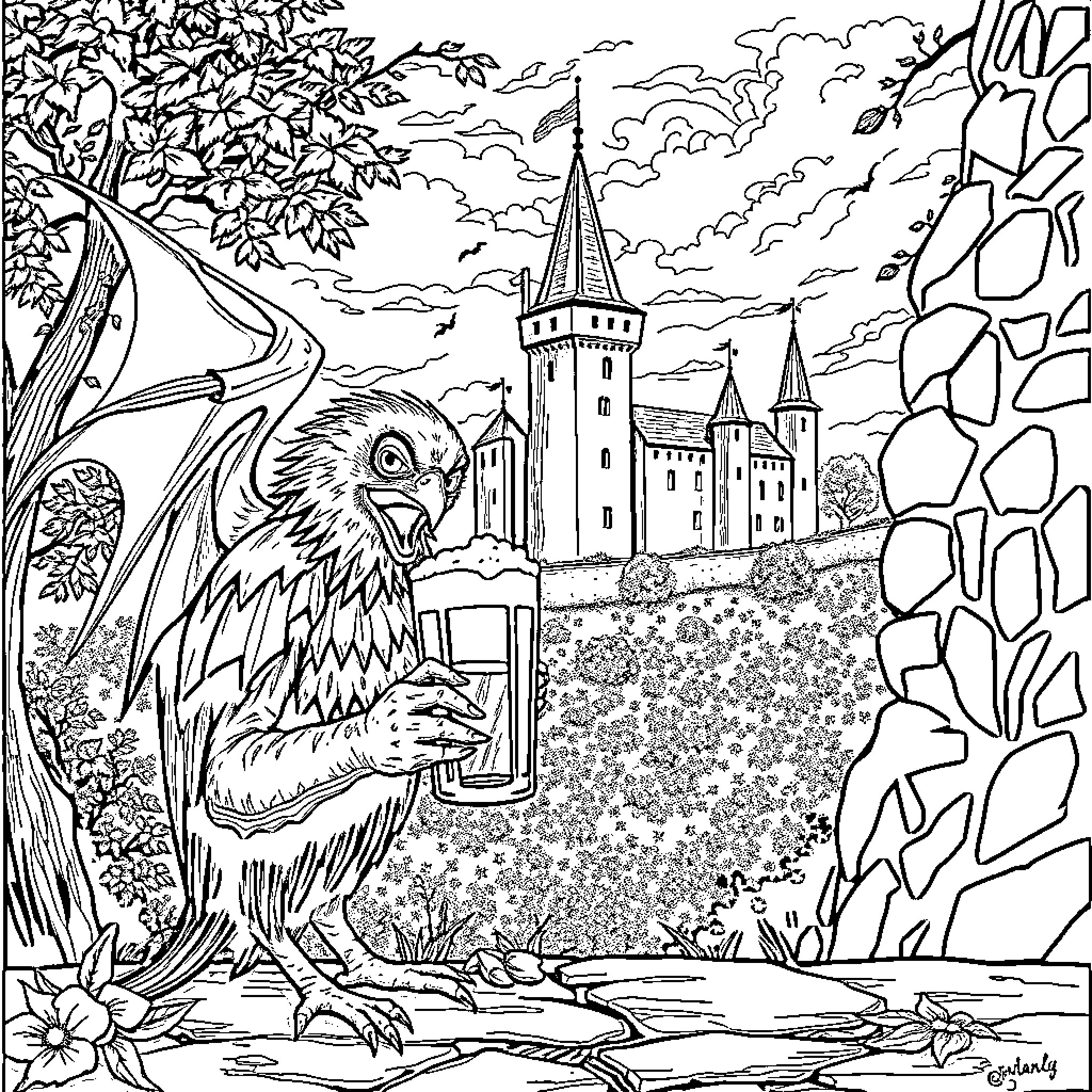 Murcielago's Enchanted Castle Guardianship Coloring Page (free black-and-white line drawing printable PDF for all, from beginners to advanced learners, including children, teens, adults, and seniors)