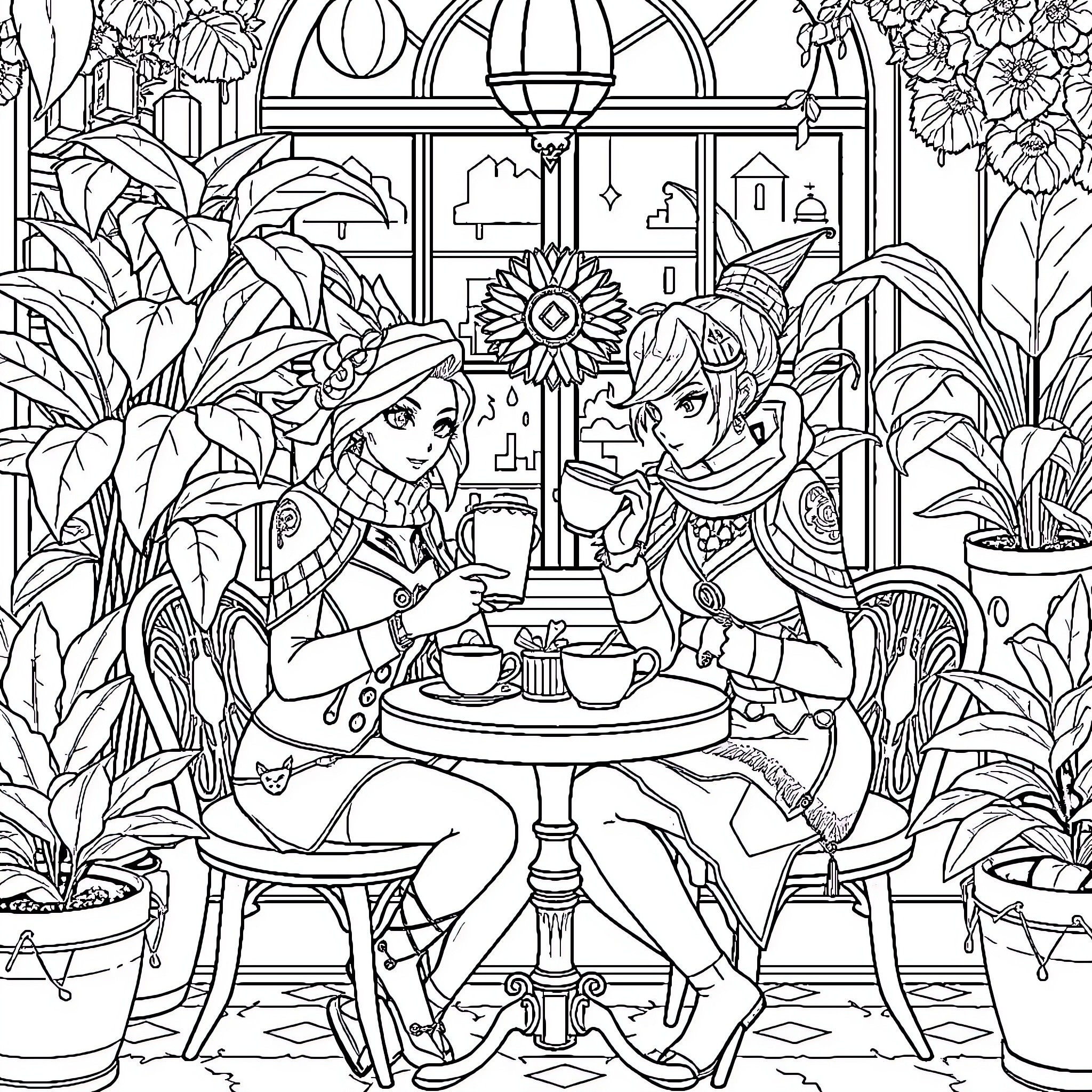Moira's Whimsical Cafe Encounter Coloring Page (free black-and-white line drawing printable PDF for all, from beginners to advanced learners, including children, teens, adults, and seniors)