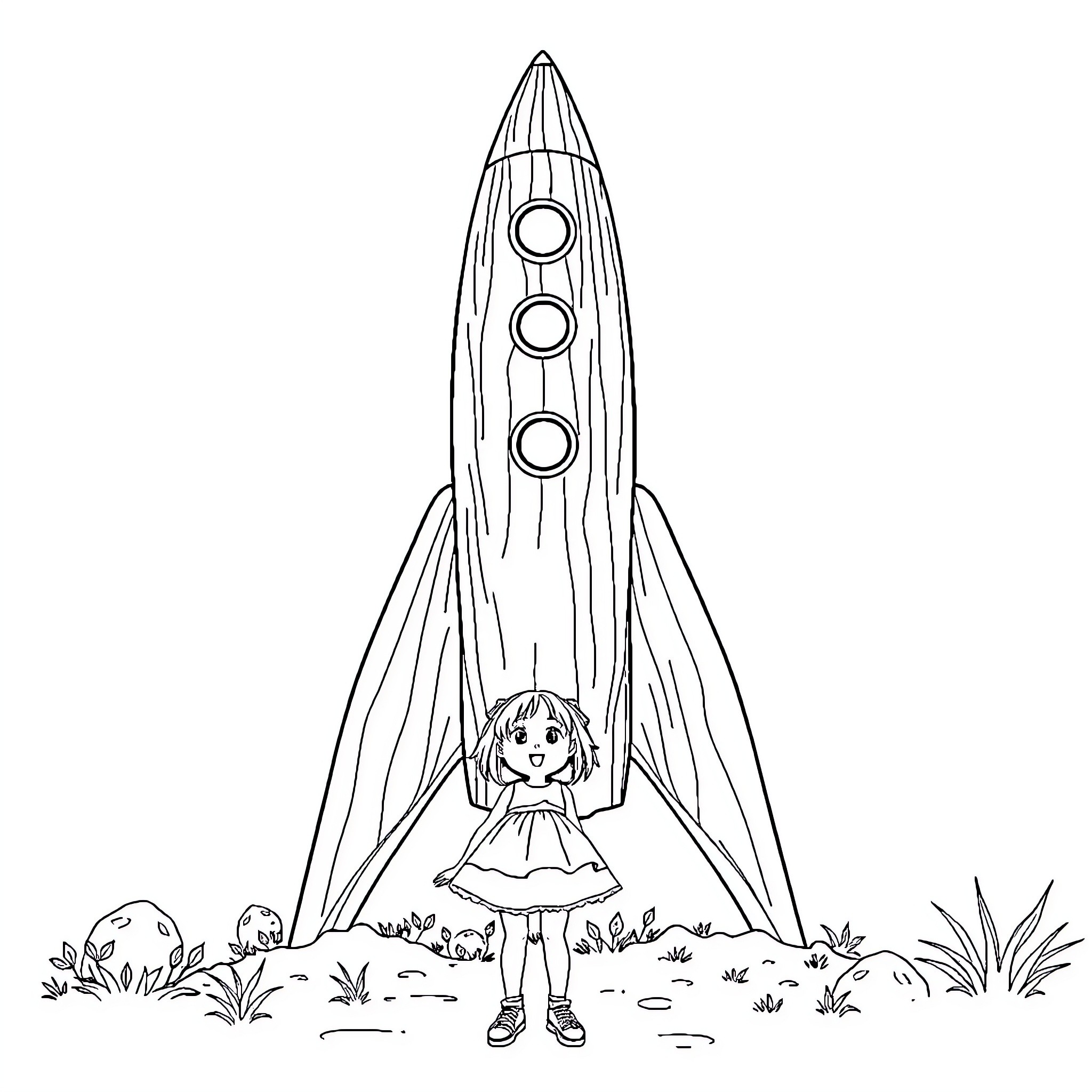 Girl exploring rocket ship in a magical forest Coloring Page (free black-and-white line drawing printable PDF for all, from beginners to advanced learners, including children, teens, adults, and seniors)