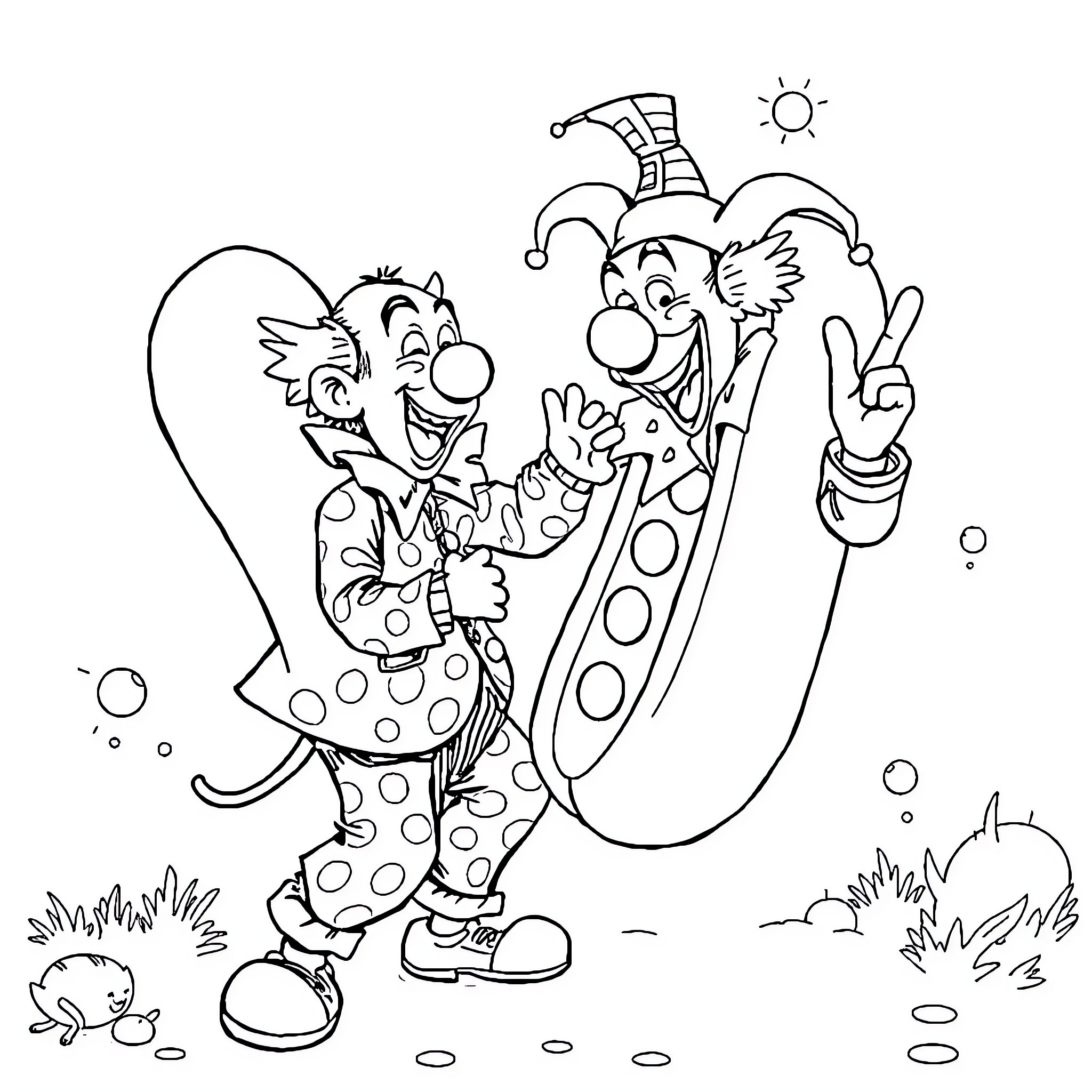 Clowns performing humorous antics in a lively scene Coloring Page (free black-and-white line drawing printable PDF for all, from beginners to advanced learners, including children, teens, adults, and seniors)