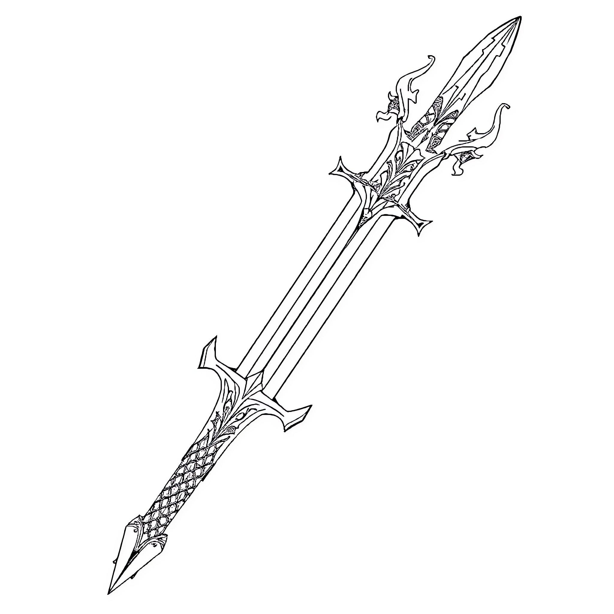 Dragon-themed Ornate Sword Illustration Coloring Page (free black-and-white line drawing printable PDF for all, from beginners to advanced learners, including children, teens, adults, and seniors)