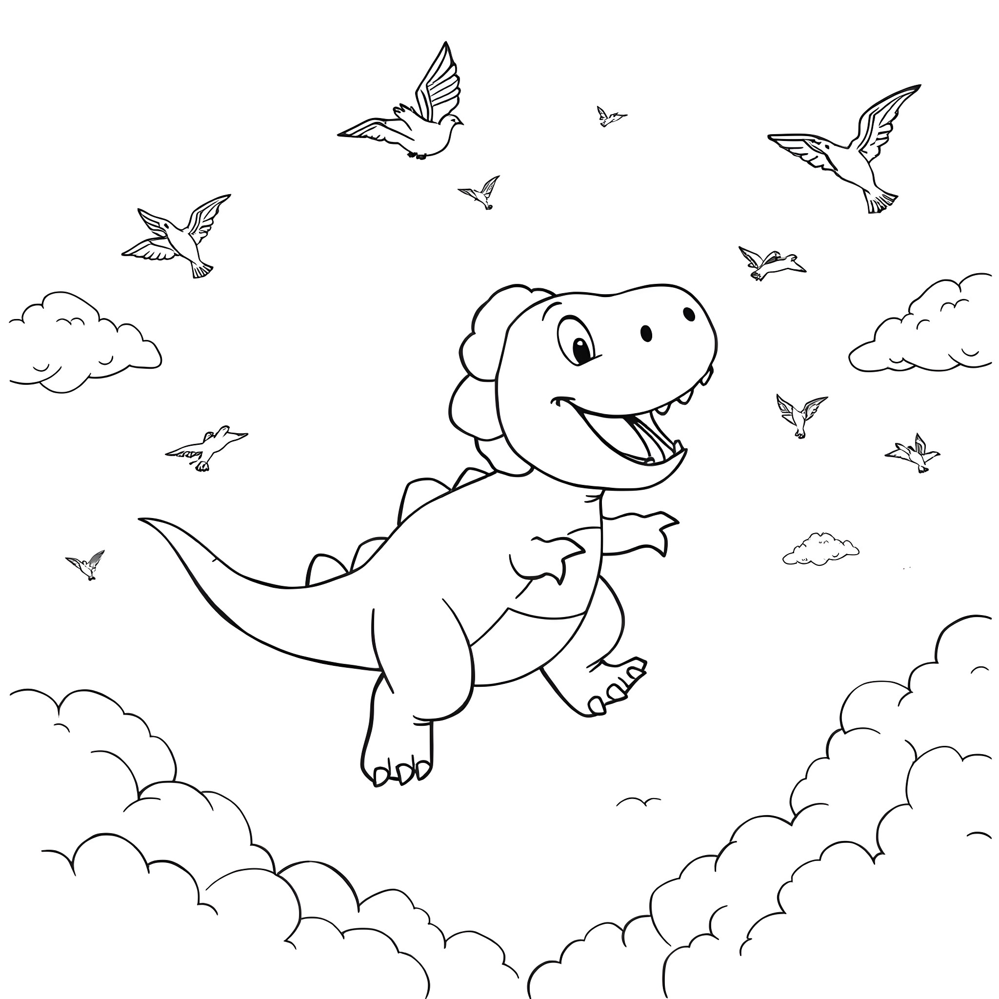 Dinosaur soaring through the clouds with happy birds Coloring Page (free black-and-white line drawing printable PDF for all, from beginners to advanced learners, including children, teens, adults, and seniors)