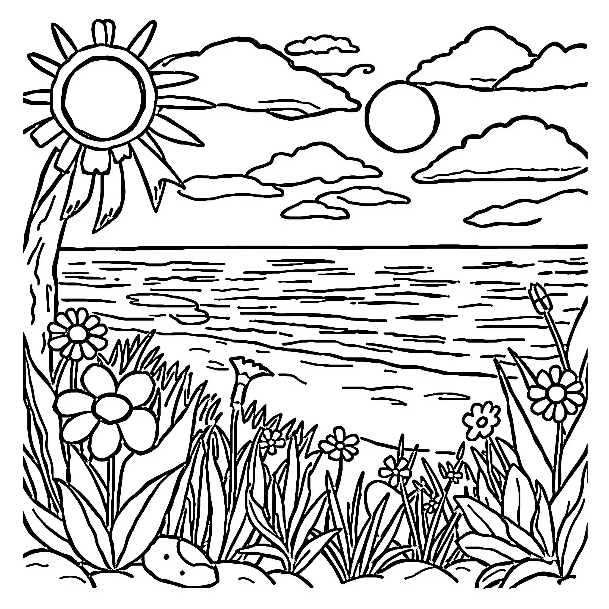 Summer by the Serene Seaside Coloring Page (free black-and-white line drawing printable PDF for all, from beginners to advanced learners, including children, teens, adults, and seniors)