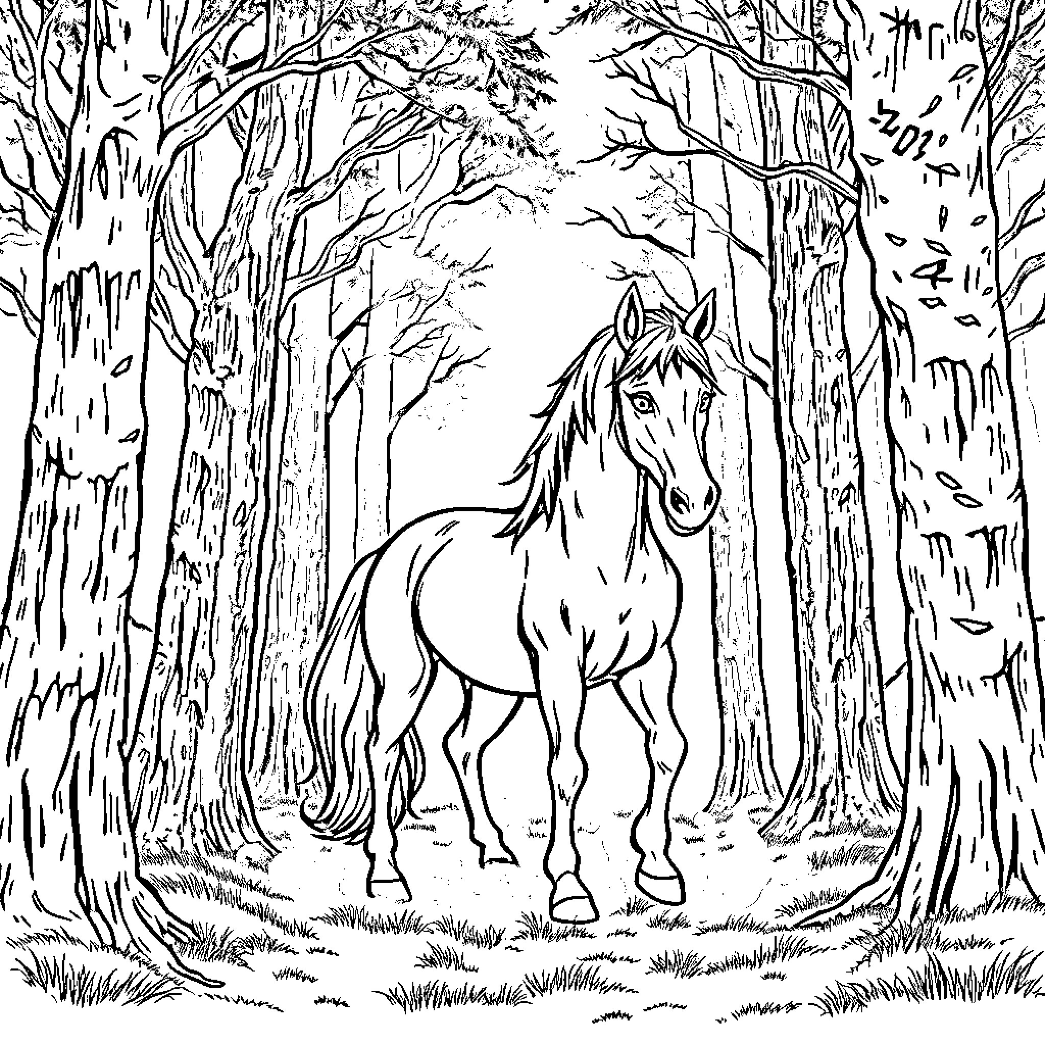 Horse in a Mysterious Forest Coloring Page (free black-and-white line drawing printable PDF for all, from beginners to advanced learners, including children, teens, adults, and seniors)