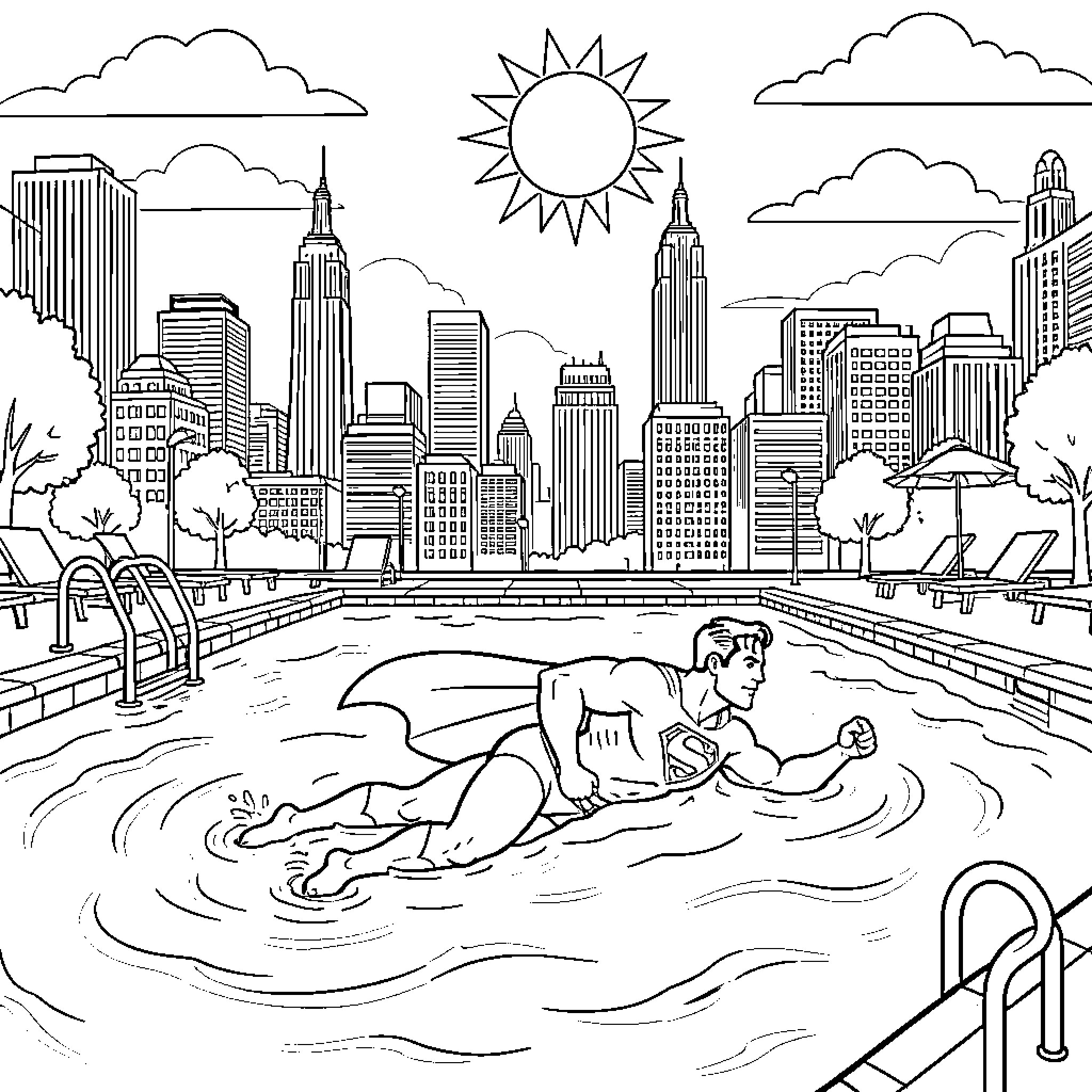 Superman relaxing in an urban pool on a sunny day Coloring Page (free black-and-white line drawing printable PDF for all, from beginners to advanced learners, including children, teens, adults, and seniors)