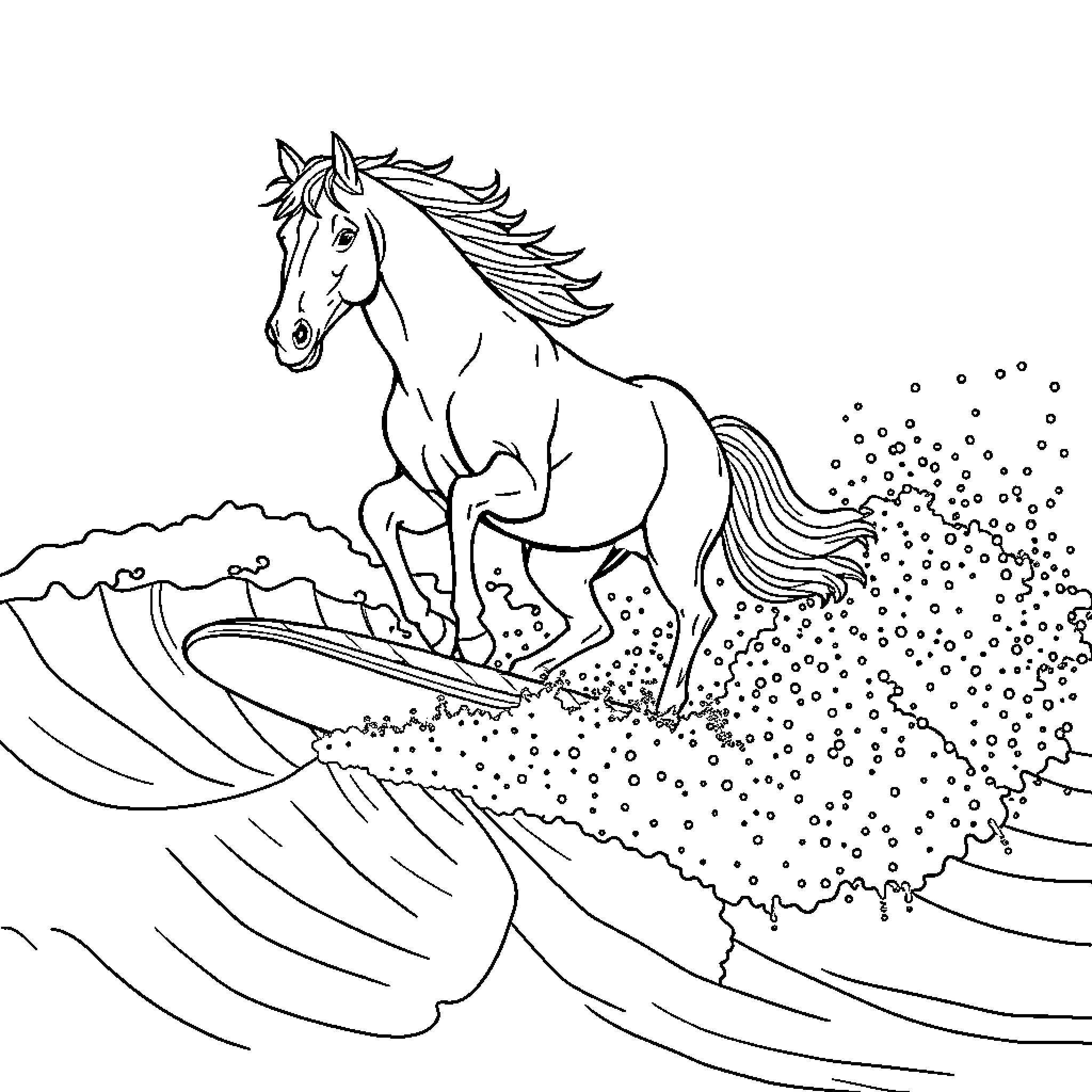 Surfing Horse riding the waves with enthusiasm Coloring Page (free black-and-white line drawing printable PDF for all, from beginners to advanced learners, including children, teens, adults, and seniors)