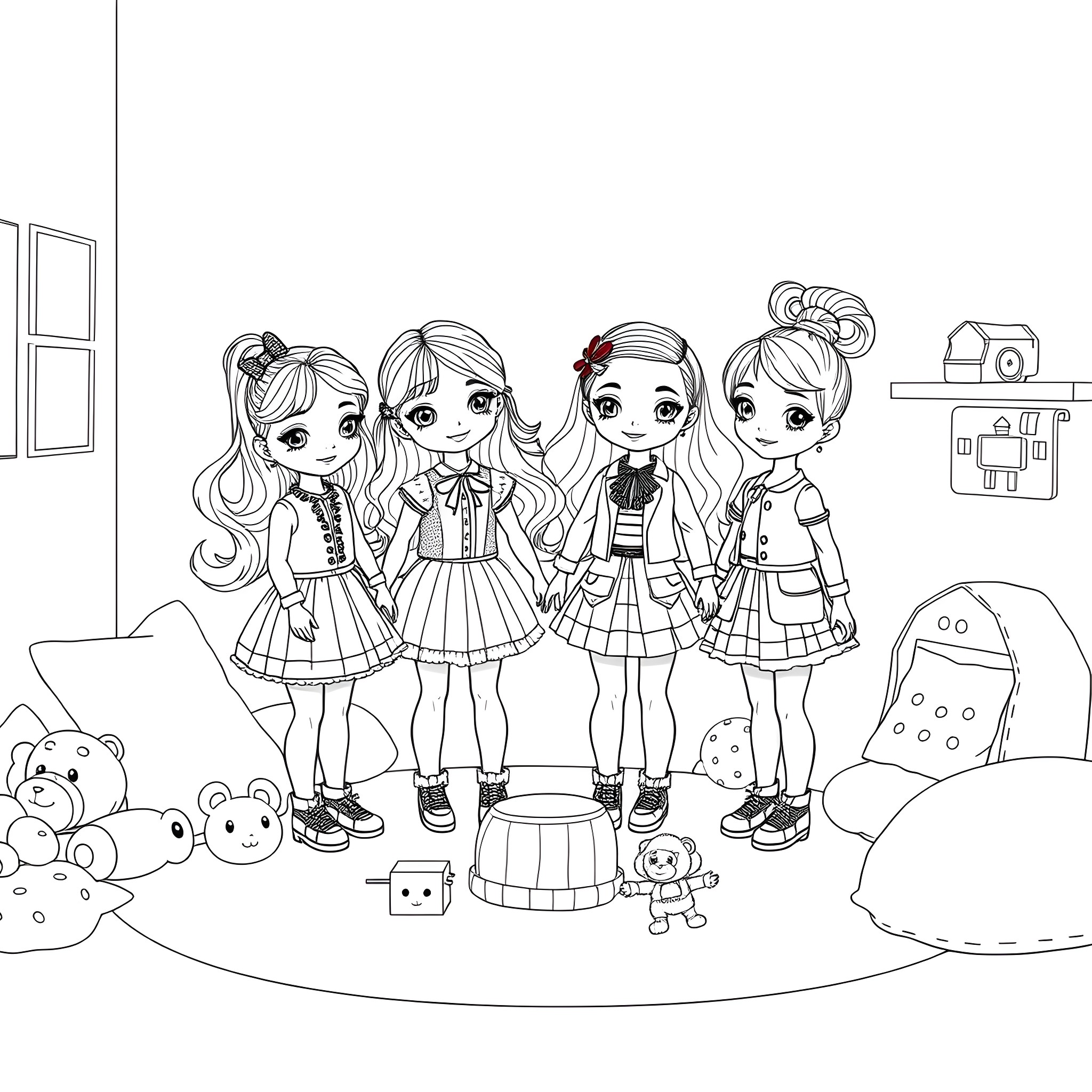 Doll friends enjoying playtime together Coloring Page (free black-and-white line drawing printable PDF for all, from beginners to advanced learners, including children, teens, adults, and seniors)