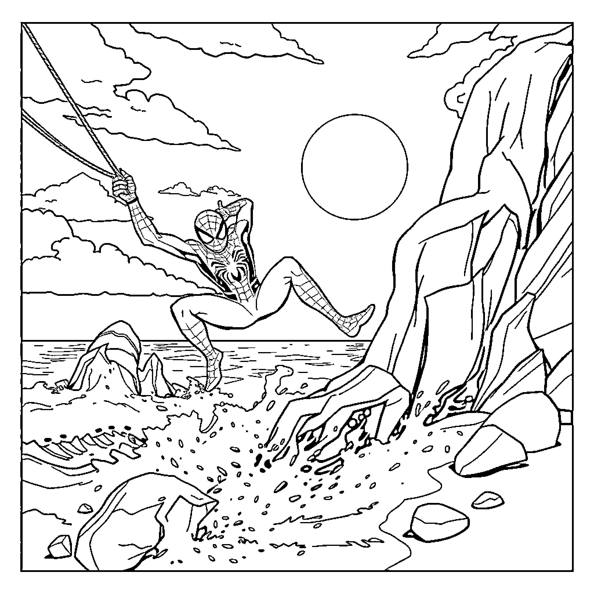 Spider-Man scaling rocky cliff near ocean Coloring Page (free black-and-white line drawing printable PDF for all, from beginners to advanced learners, including children, teens, adults, and seniors)