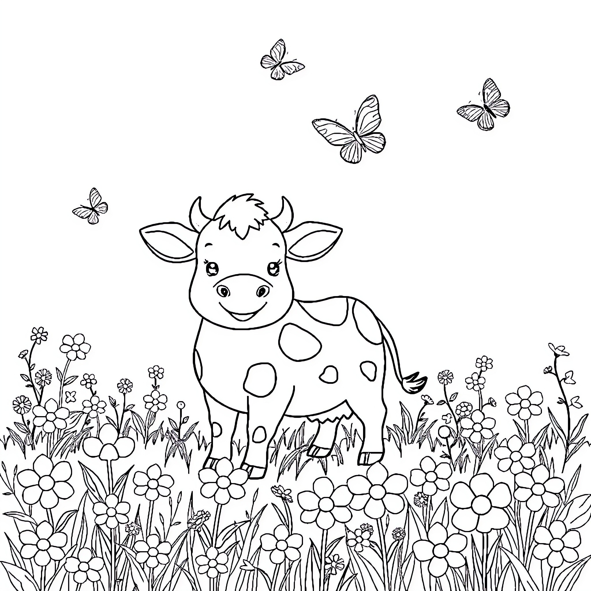 Cow playing in a field of flowers Coloring Page (free black-and-white line drawing printable PDF for all, from beginners to advanced learners, including children, teens, adults, and seniors)