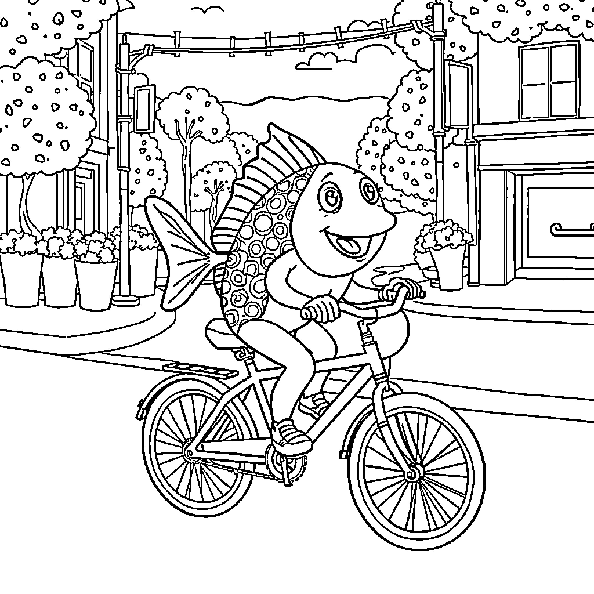 Fish riding bicycle in town Coloring Page (free black-and-white line drawing printable PDF for all, from beginners to advanced learners, including children, teens, adults, and seniors)