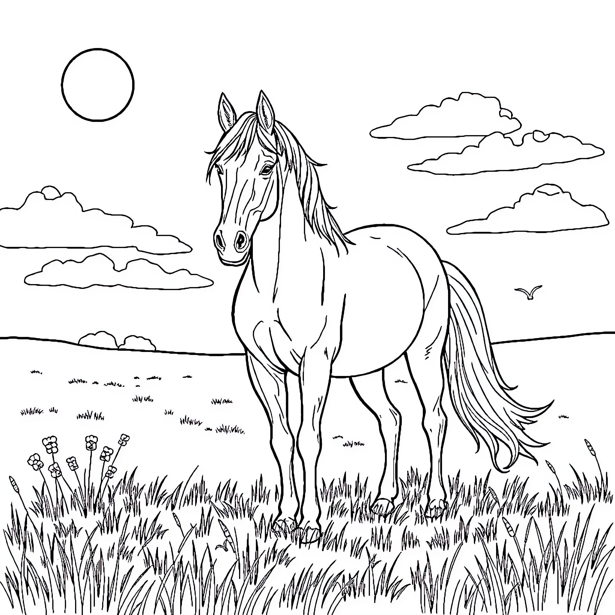Horse standing proudly in a scenic landscape Coloring Page (free black-and-white line drawing printable PDF for all, from beginners to advanced learners, including children, teens, adults, and seniors)