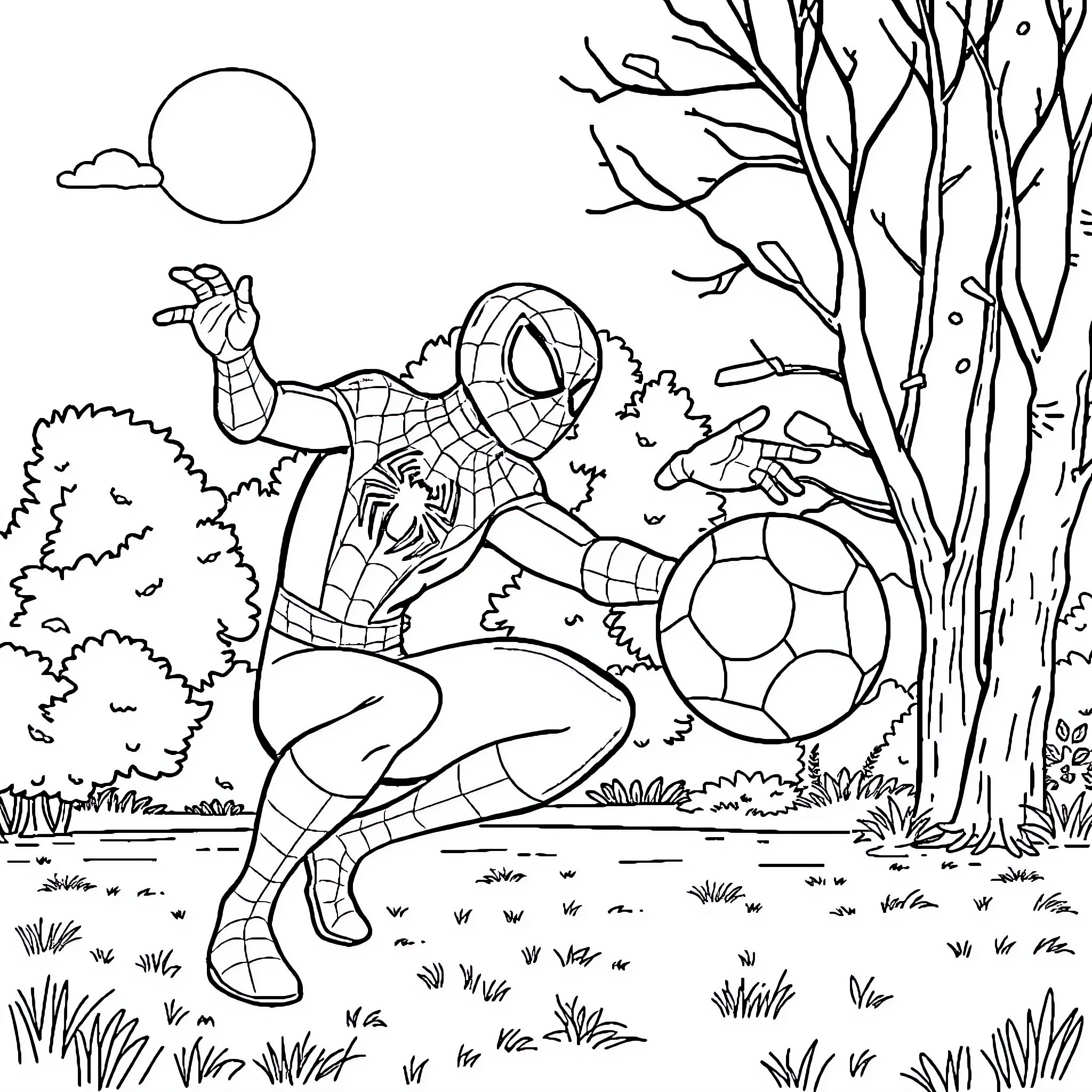 Spiderman swinging through the forest with a soccer ball Coloring Page (free black-and-white line drawing printable PDF for all, from beginners to advanced learners, including children, teens, adults, and seniors)