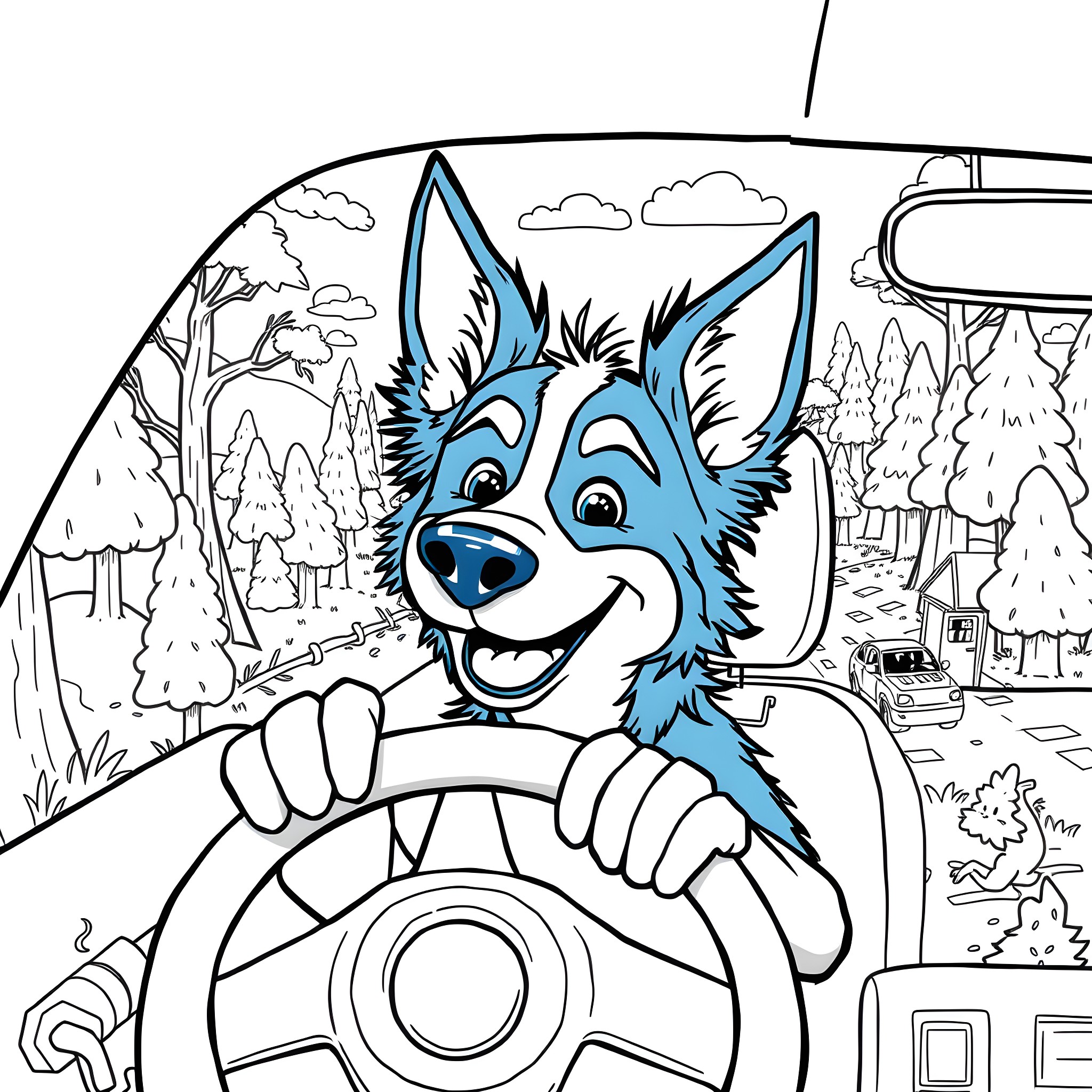 Bluey driving a car through the countryside Coloring Page (free black-and-white line drawing printable PDF for all, from beginners to advanced learners, including children, teens, adults, and seniors)