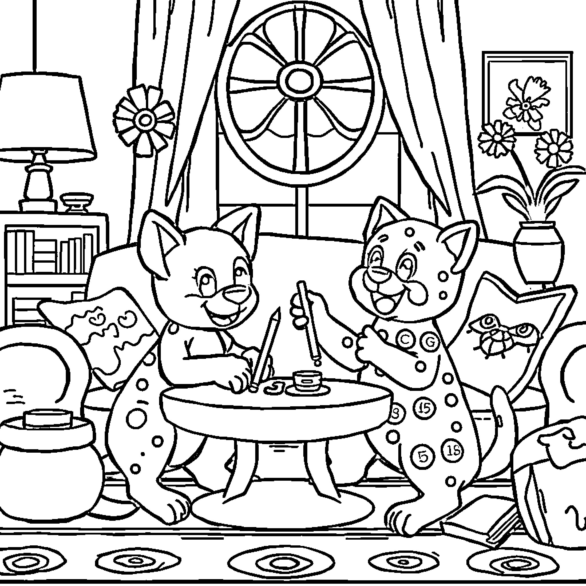 Bluey's Cozy Home Adventure Coloring Page (free black-and-white line drawing printable PDF for all, from beginners to advanced learners, including children, teens, adults, and seniors)
