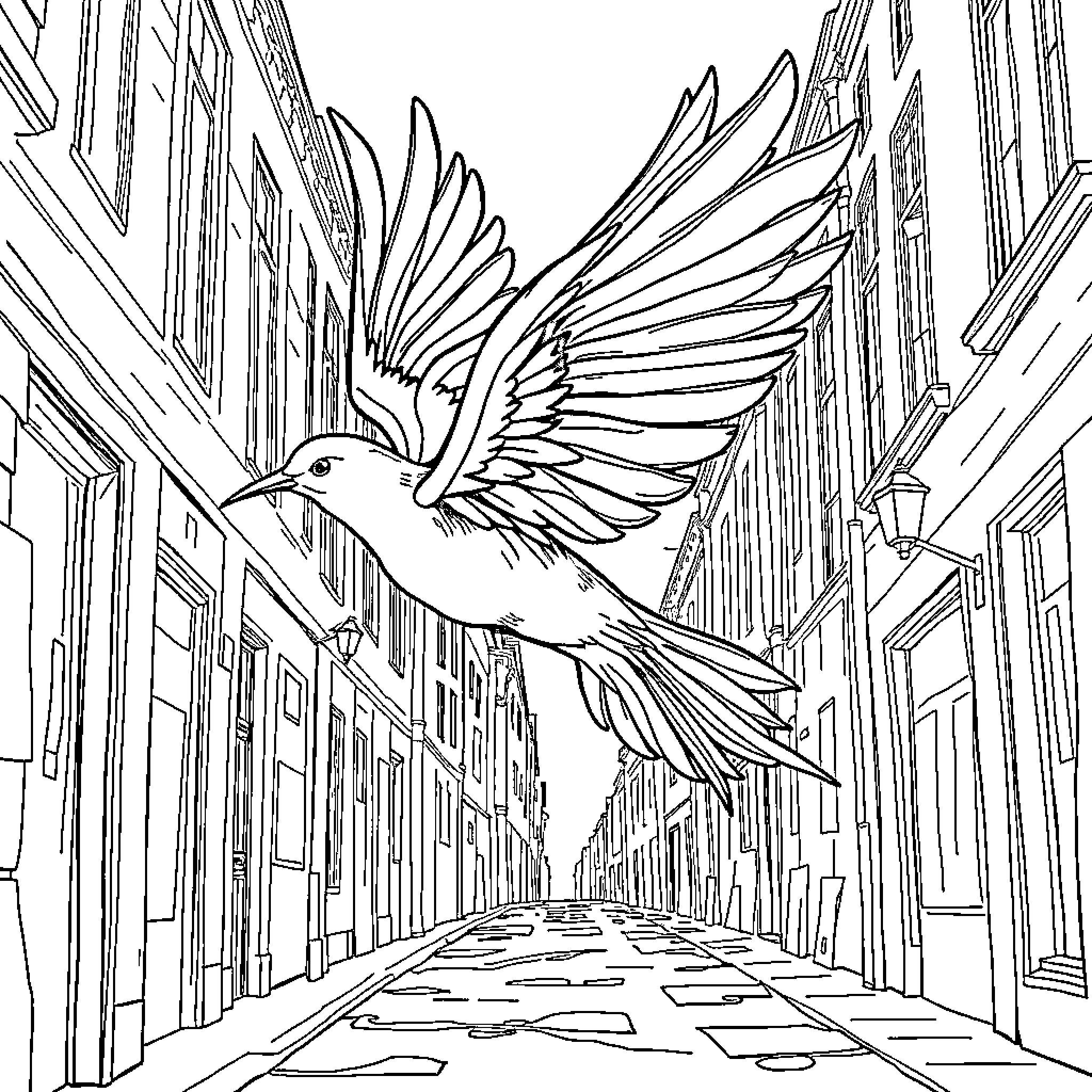 Bite of Freedom - Bird soaring through the alley Coloring Page (free black-and-white line drawing printable PDF for all, from beginners to advanced learners, including children, teens, adults, and seniors)