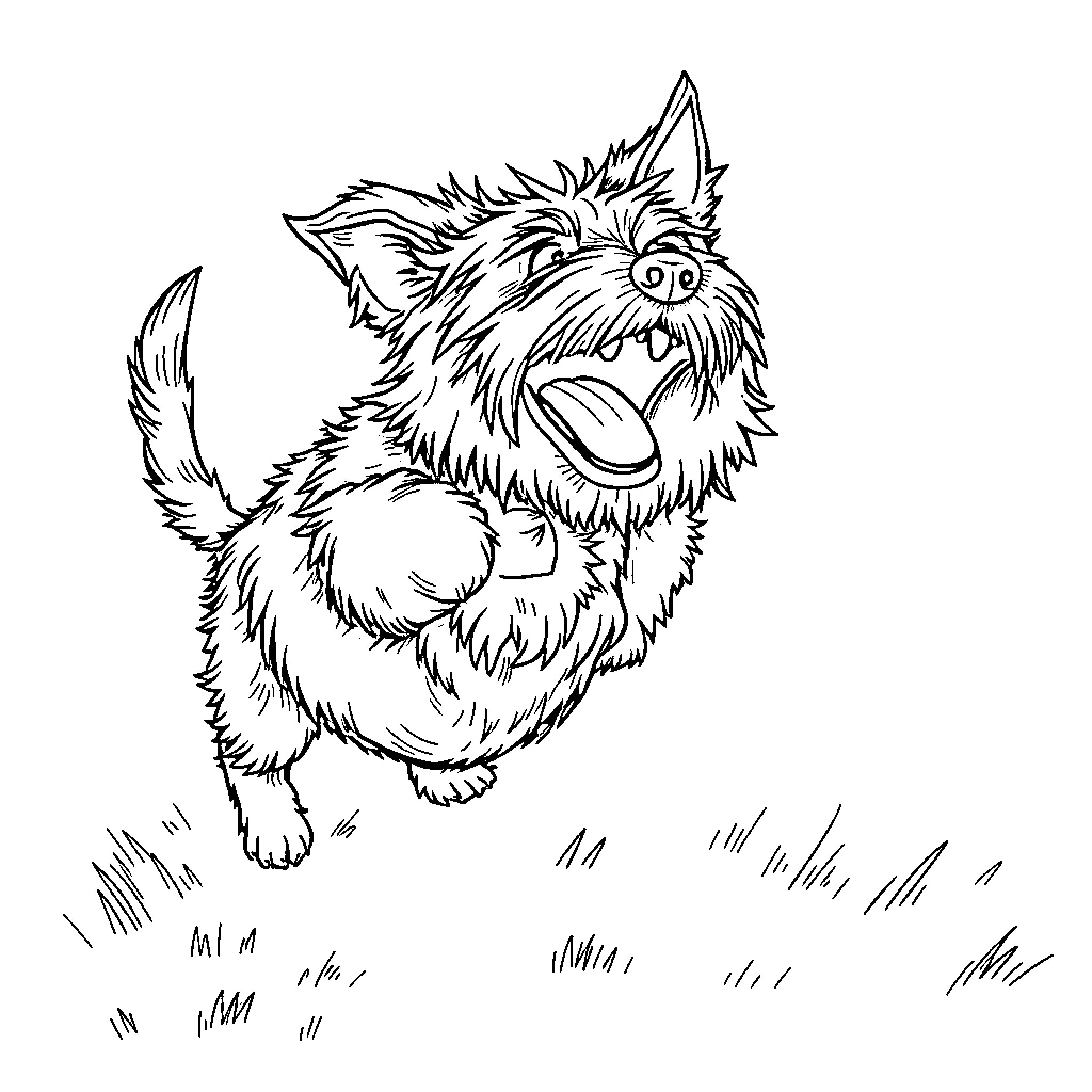 Terrier playing happily in the grass Coloring Page (free black-and-white line drawing printable PDF for all, from beginners to advanced learners, including children, teens, adults, and seniors)