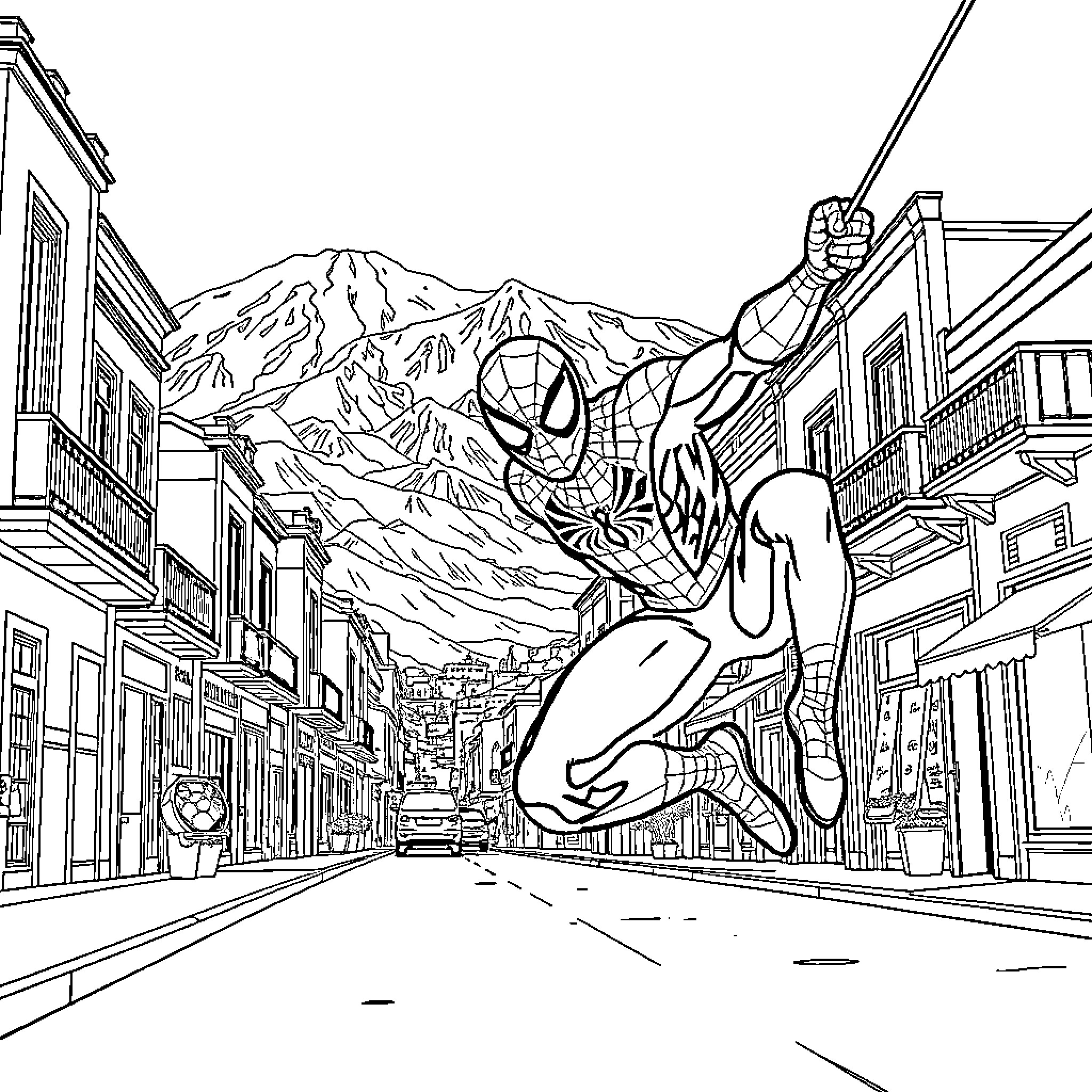 Spiderman swinging through the city streets Coloring Page (free black-and-white line drawing printable PDF for all, from beginners to advanced learners, including children, teens, adults, and seniors)