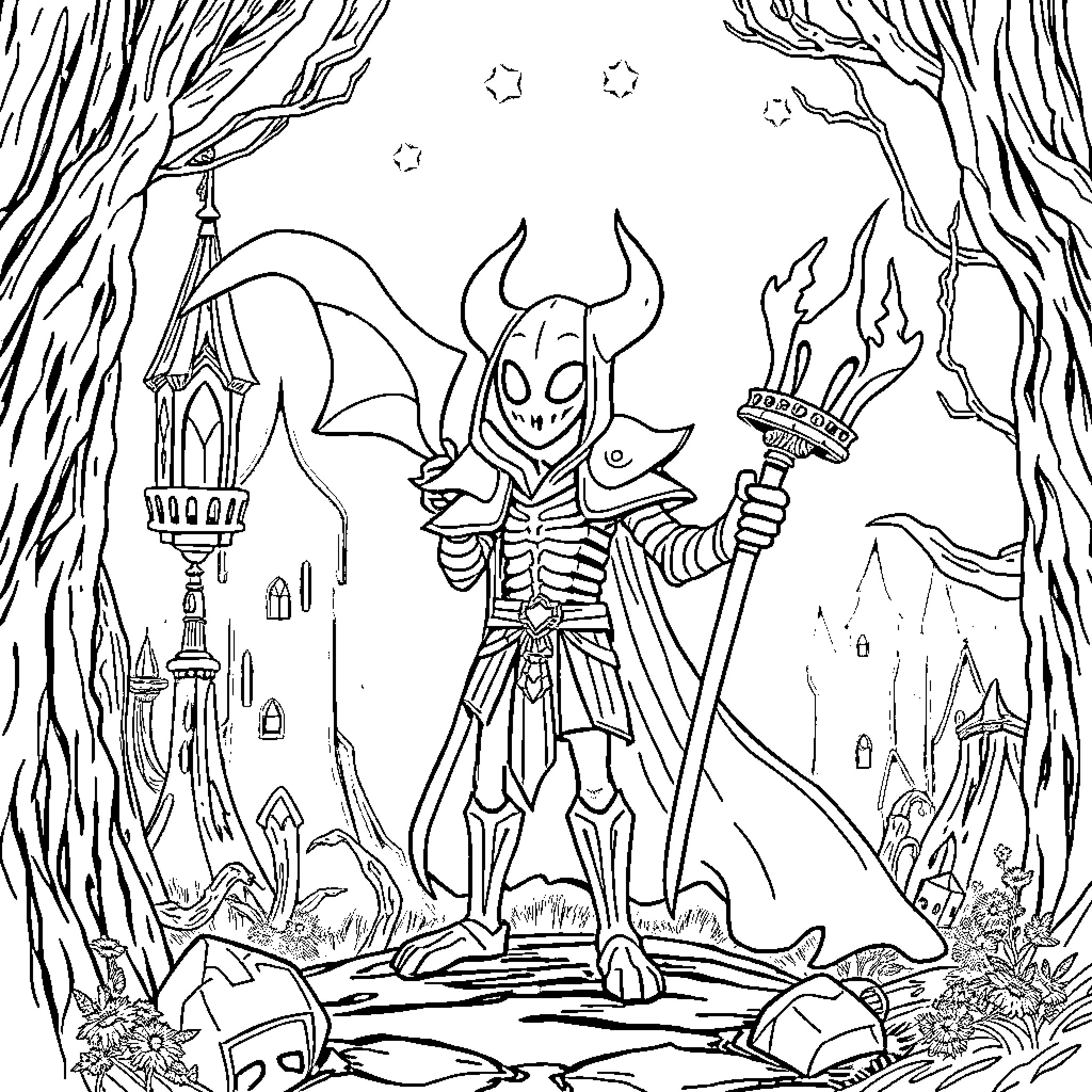 Hollow Knight - Warrior Brandishing Sword in Fantastical Landscape Coloring Page (free black-and-white line drawing printable PDF for all, from beginners to advanced learners, including children, teens, adults, and seniors)