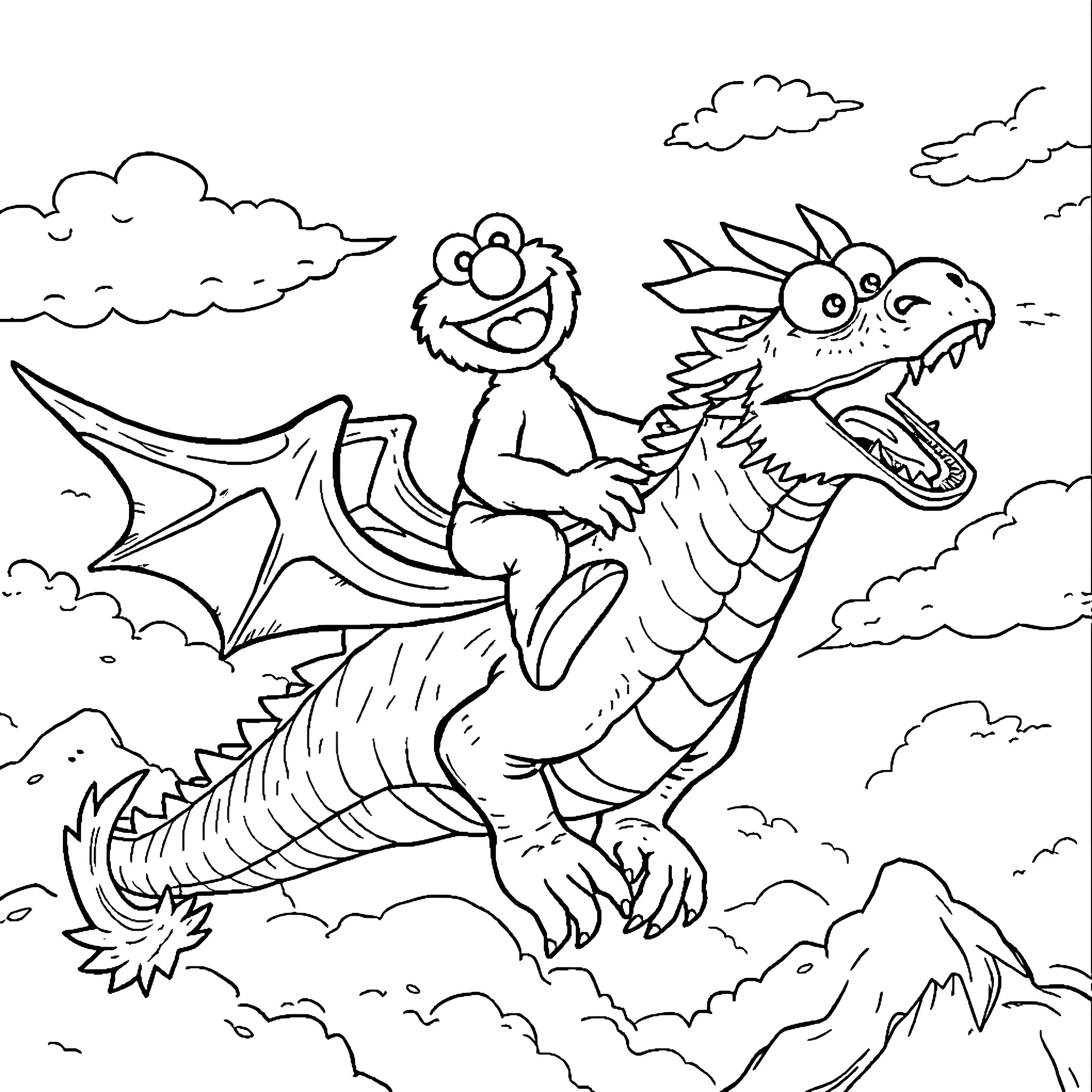Elmo riding a fantastical dragon through the clouds Coloring Page (free black-and-white line drawing printable PDF for all, from beginners to advanced learners, including children, teens, adults, and seniors)