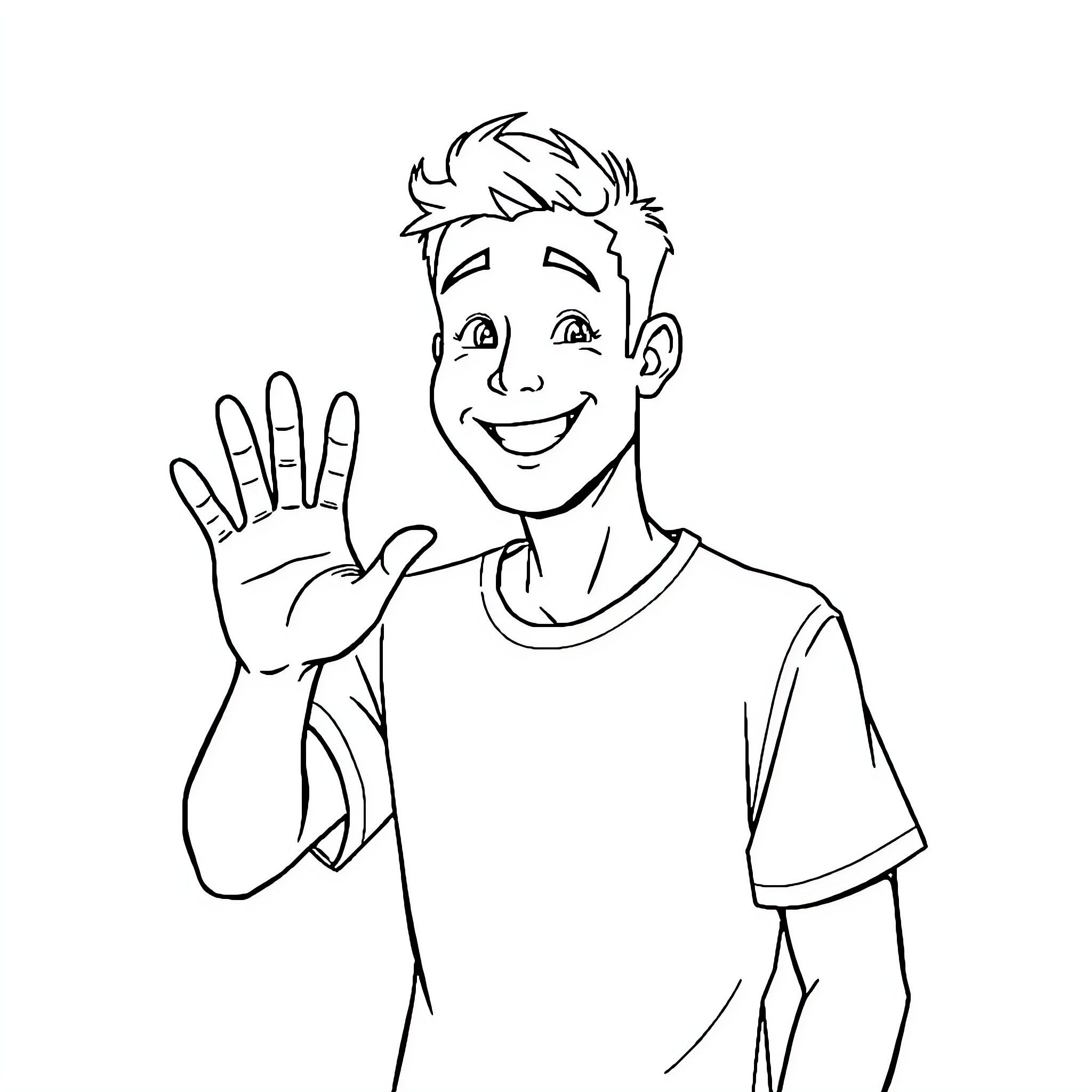 Guy smiling and waving happily Coloring Page (free black-and-white line drawing printable PDF for all, from beginners to advanced learners, including children, teens, adults, and seniors)