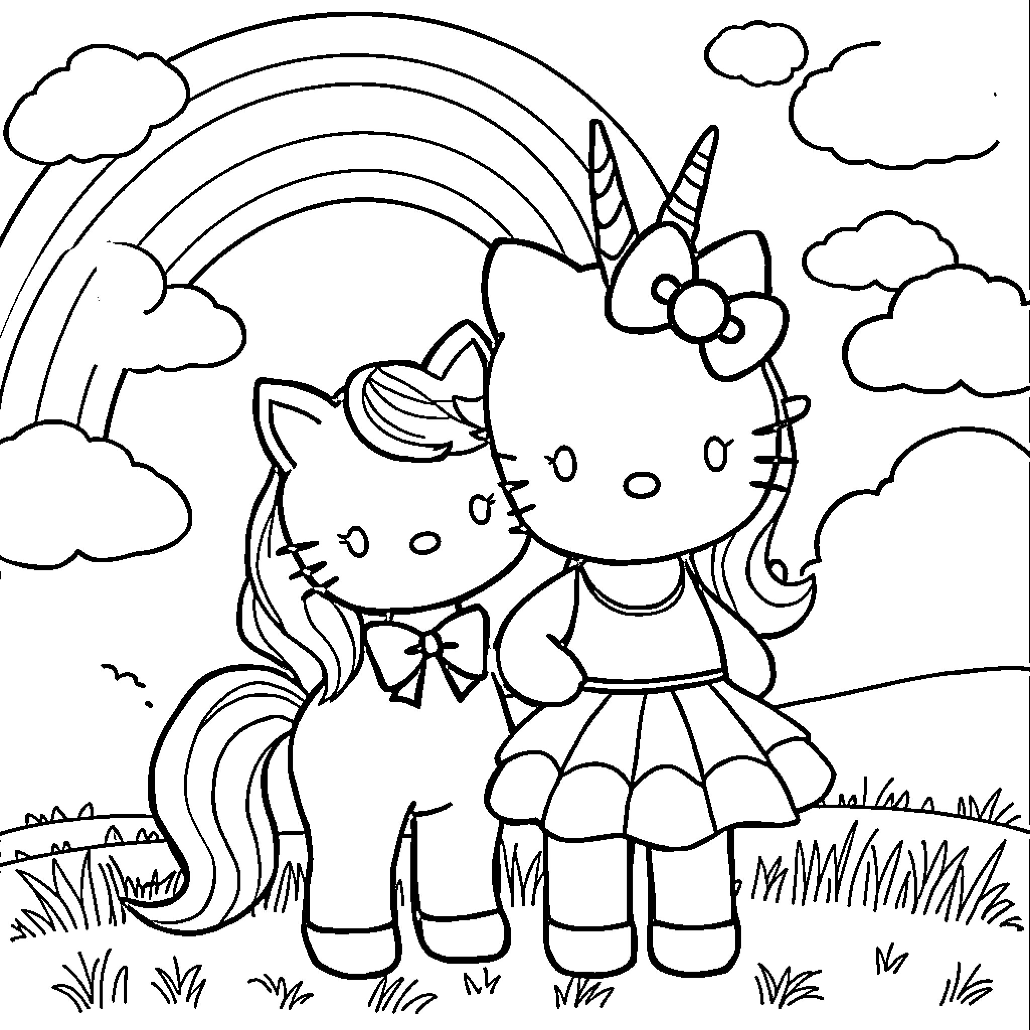 Unicorn Kitty in a Whimsical Wonderland Coloring Page (free black-and-white line drawing printable PDF for all, from beginners to advanced learners, including children, teens, adults, and seniors)