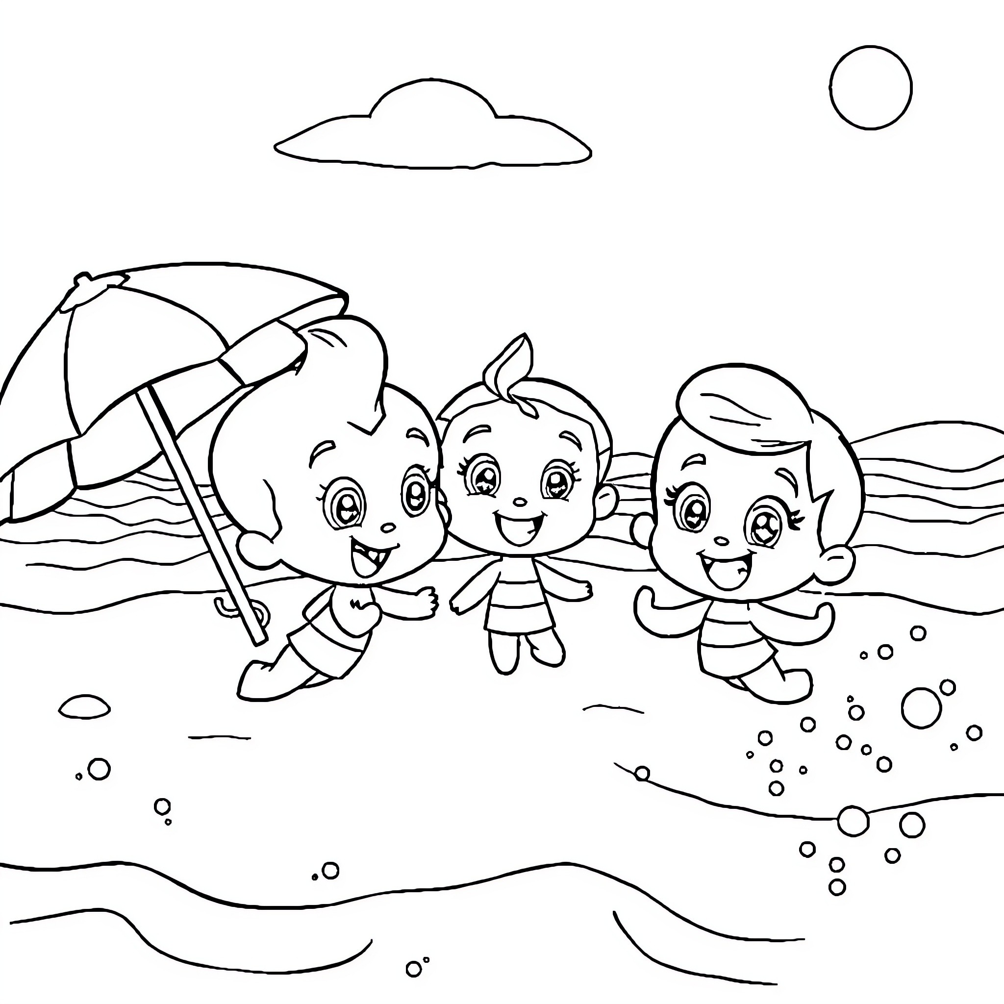 Bubble Guppies playing at the beach Coloring Page (free black-and-white line drawing printable PDF for all, from beginners to advanced learners, including children, teens, adults, and seniors)